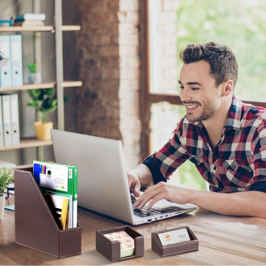 Desk Accessories and Workspace Organizers, 6 PCS Office Supplies Organization Set- Pencil Cup, Business Card Holder, Sticky Note Dispenser, Mail Sorter, Letter Tray, Files Holder, Desktop Caddy