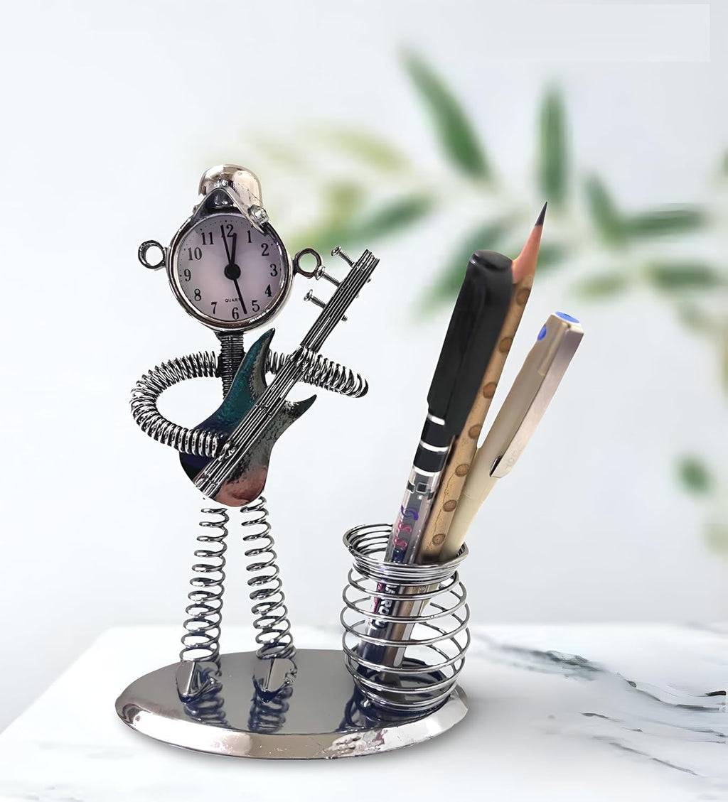 Antique Metal Pen Stand with Clock | Pen-Pencil Holder for Study Table, Office table, Home - Stylish Desk Organizer Decor Piece (Guitar)