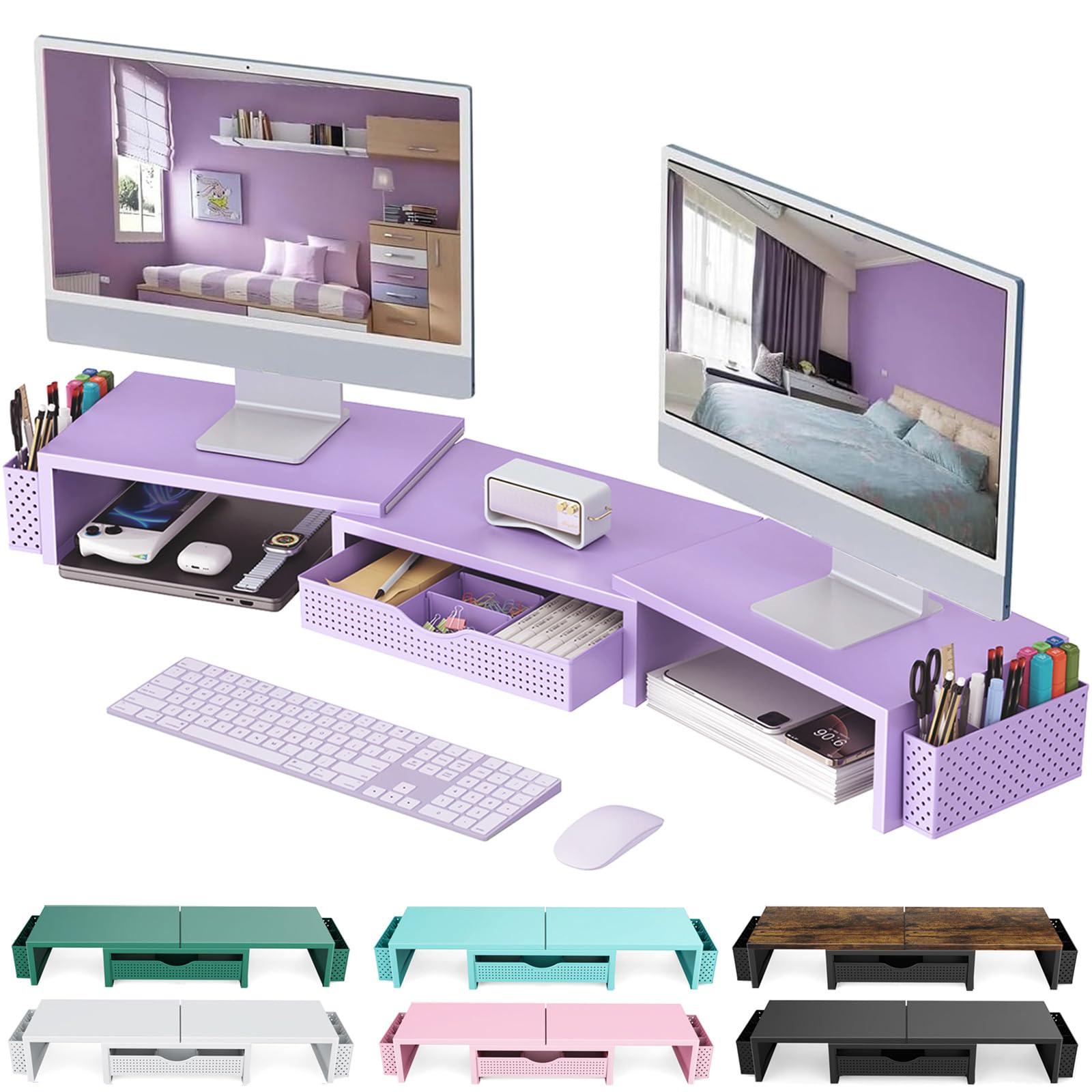gianotter Dual Monitor Stand Riser, Desk Organizer With Drawer and 2 Pen Holders,Desk Organizers and Accessories, Pink Office Supplies (Pink)