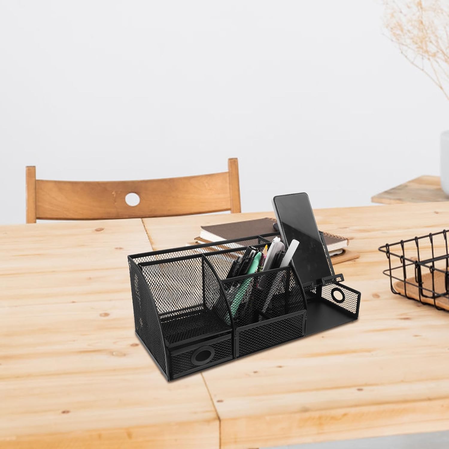 Hemoton Metal Pen Holder Desktop Organizer with 7 Compartments, Large Black Iron Tabletop Storage Box for Office Stationery and Makeup, Desk Organizer for Workspace and School Supplies