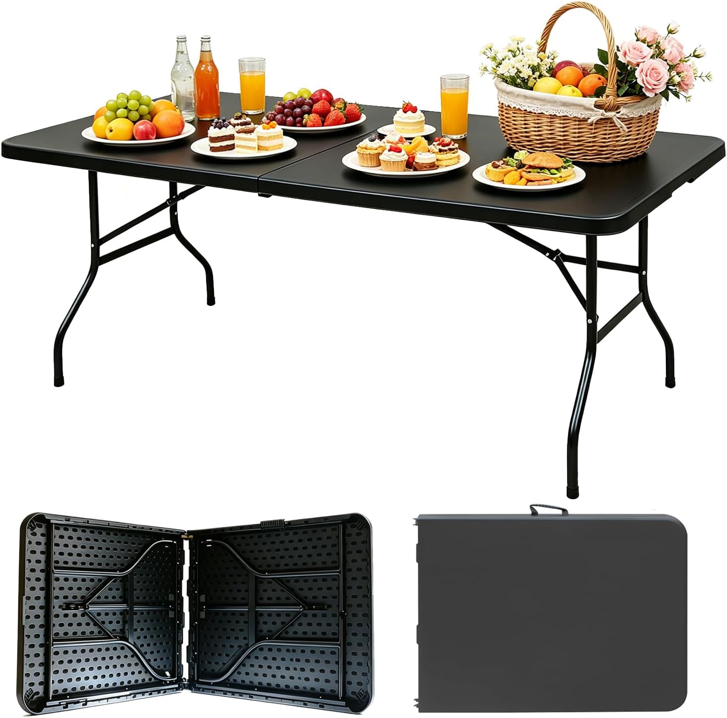 Portable Plastic Folding Table 4ft/6ft/8ft Heavy Duty White Black Picnic Dining Table Fold-in-Half for Camp Party Kitchen Indoor Outdoor