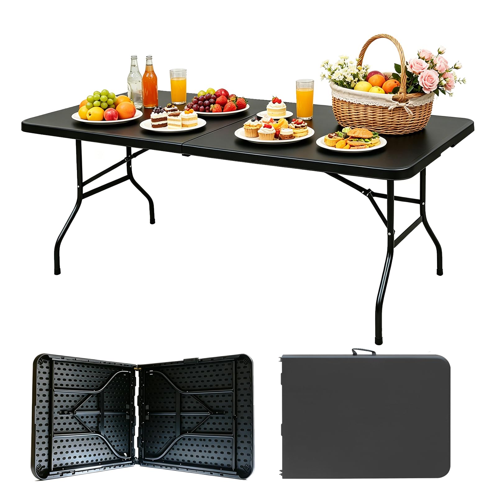 Portable Plastic Folding Table 4ft/6ft/8ft Heavy Duty White Black Picnic Dining Table Fold-in-Half for Camp Party Kitchen Indoor Outdoor