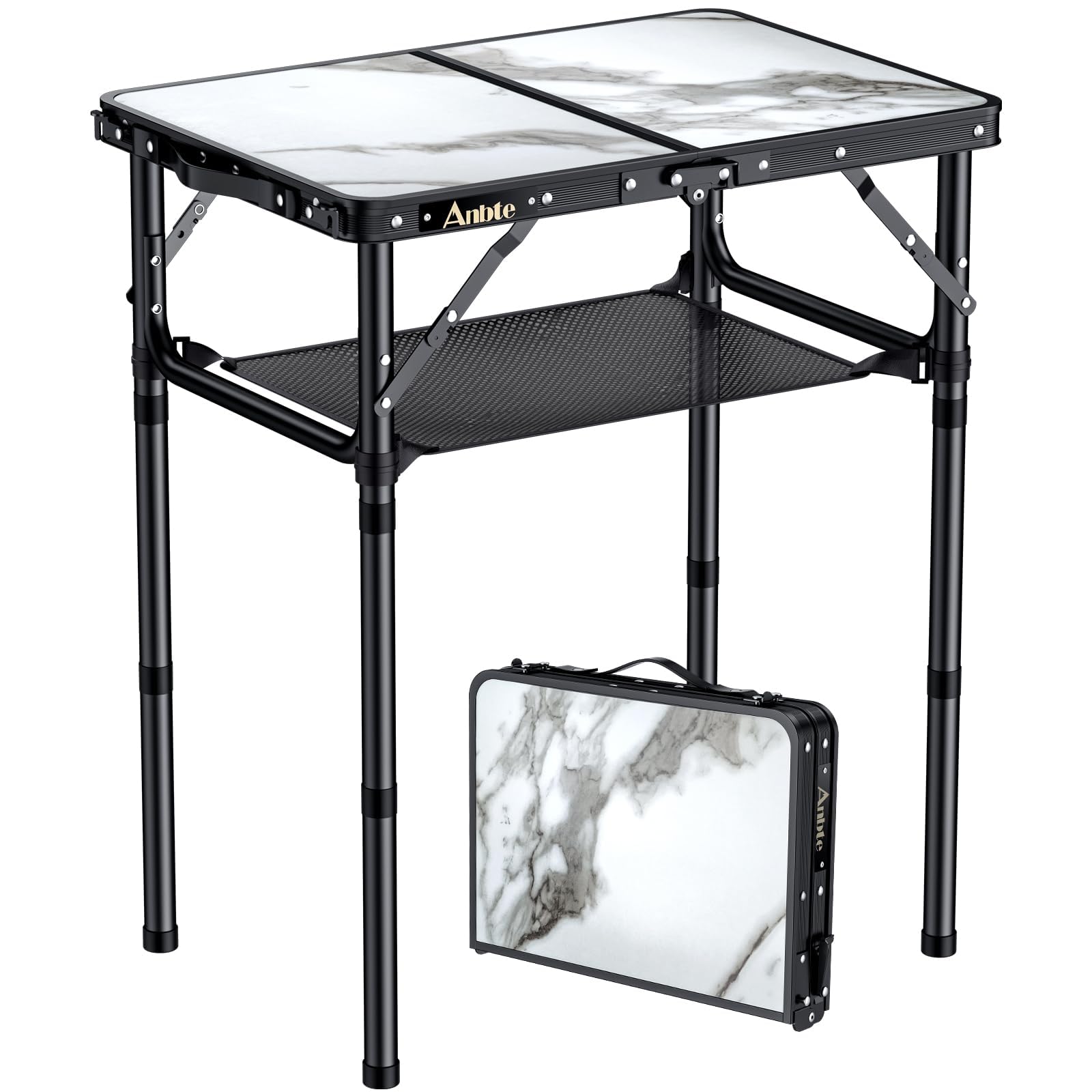 Anbte Folding Camping Table, Aluminum 24" x 16" Adjustable Height Small Folding Table with Carrying Handle, Lightweight, Portable Camping Table Waterproof for Outdoor Indoor Picnic Beach BBQ (Black)