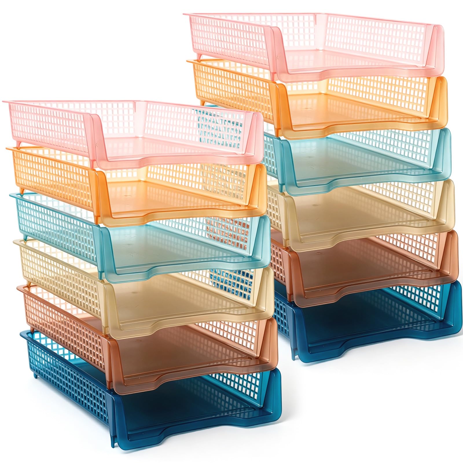 Geetery Set of 12 Plastic Trays for Teachers Turn in Trays Classroom Stackable Paper Tray Plastic Classroom Teachers Desk Letter Organizer Storage Baskets for Office, Desk, Home (Rainbow Color)