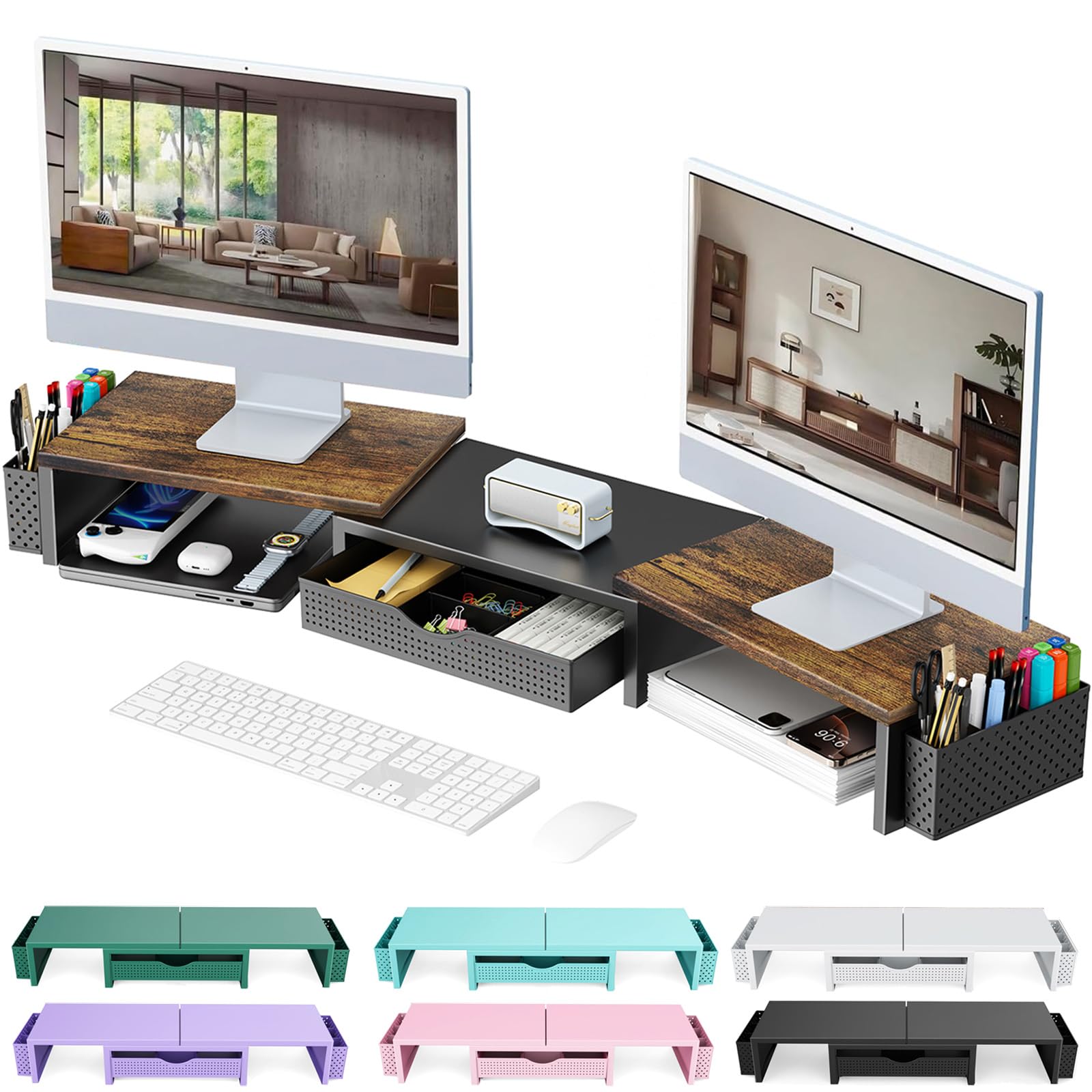 gianotter Dual Monitor Stand Riser, Desk Organizer With Drawer and 2 Pen Holders,Desk Organizers and Accessories, Pink Office Supplies (Pink)