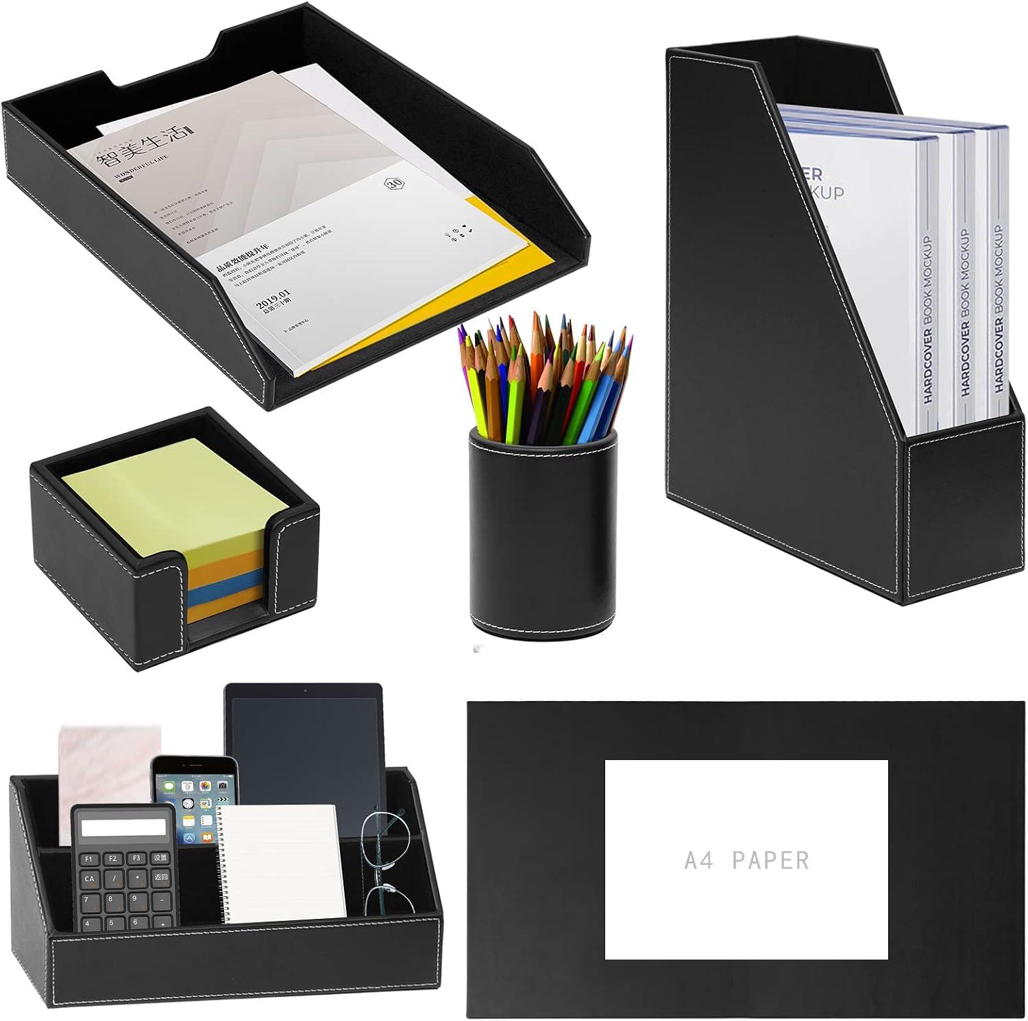 Office Supplies PU Leather 6-Piece Set Desk Organizer,Include Writing Pad,Letter Tray,file folder Sorter/Magazine Holder,Pen Cup,Note Holder,Business Card Holder,Man/Woman Office Gift,Black