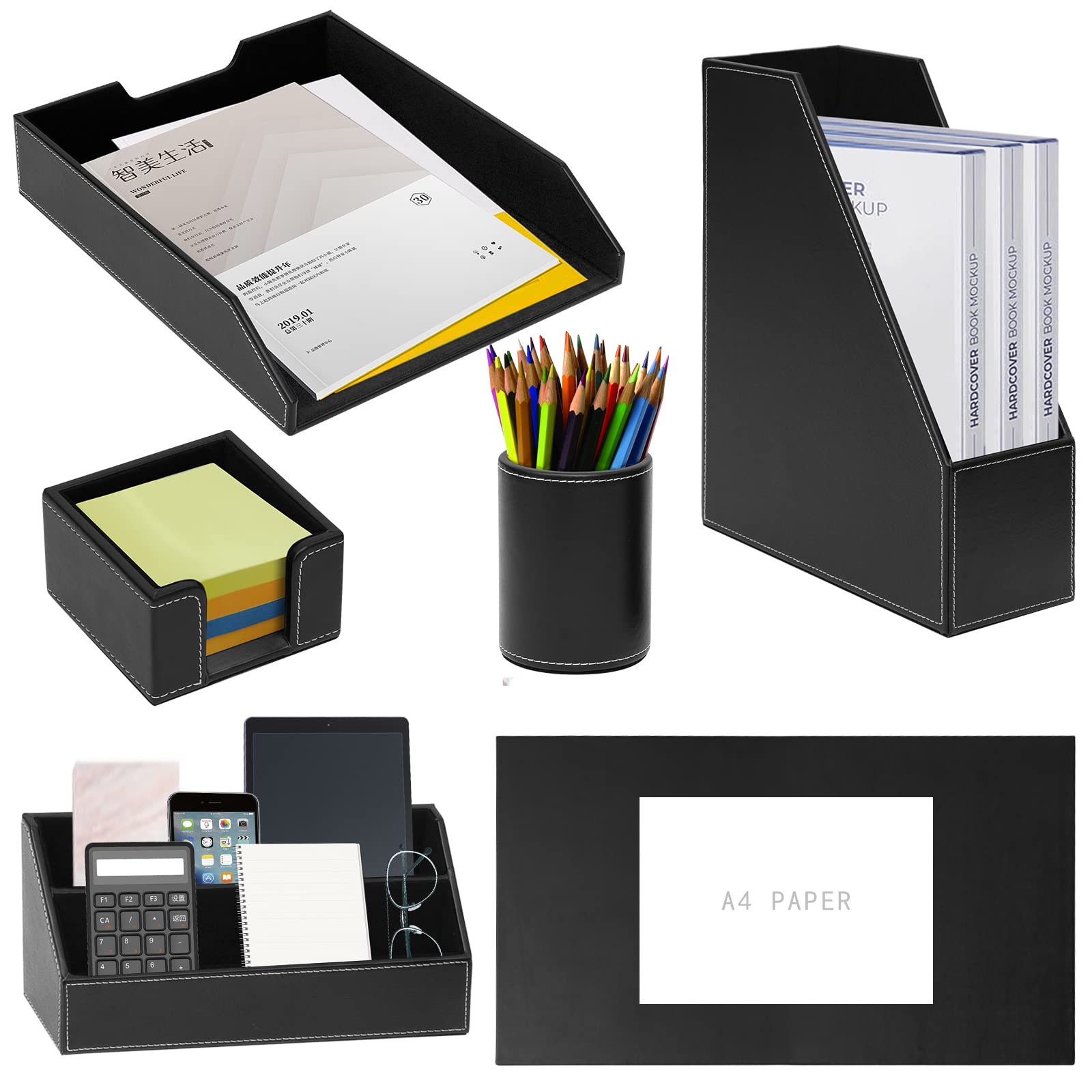 Office Supplies PU Leather 6-Piece Set Desk Organizer,Include Writing Pad,Letter Tray,file folder Sorter/Magazine Holder,Pen Cup,Note Holder,Business Card Holder,Man/Woman Office Gift,Black