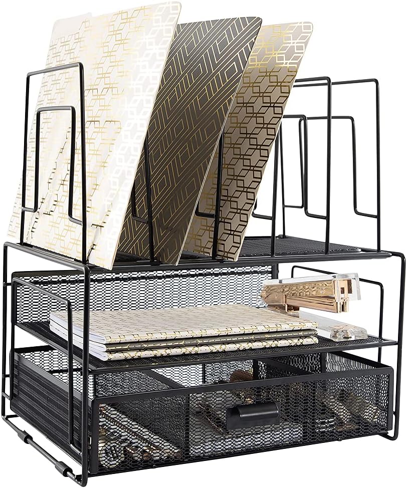 BLU MONACO | Black Wire Mesh Desk Organizer with Drawer | Desk Associates Women Office Set | File Sorters and Mesh Pen Holders Desktop Storage System