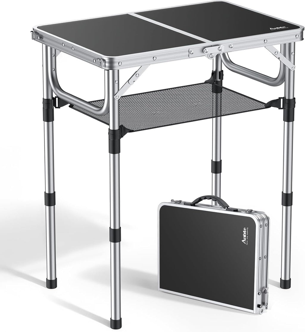 Anbte Folding Camping Table, Aluminum 24" x 16" Adjustable Height Small Folding Table with Carrying Handle, Lightweight, Portable Camping Table Waterproof for Outdoor Indoor Picnic Beach BBQ (Black)