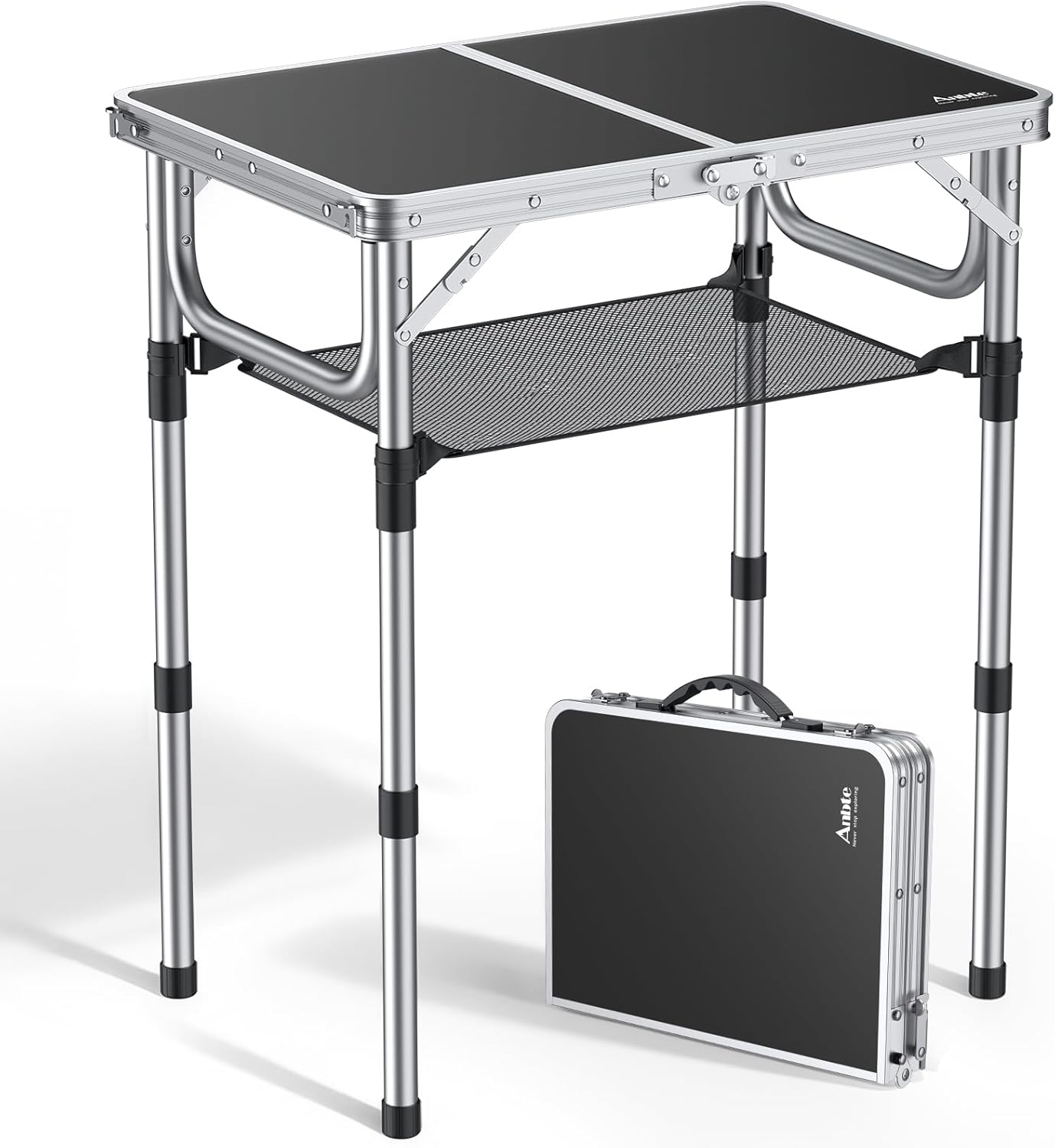 Anbte Folding Camping Table, Aluminum 24" x 16" Adjustable Height Small Folding Table with Carrying Handle, Lightweight, Portable Camping Table Waterproof for Outdoor Indoor Picnic Beach BBQ (Black)