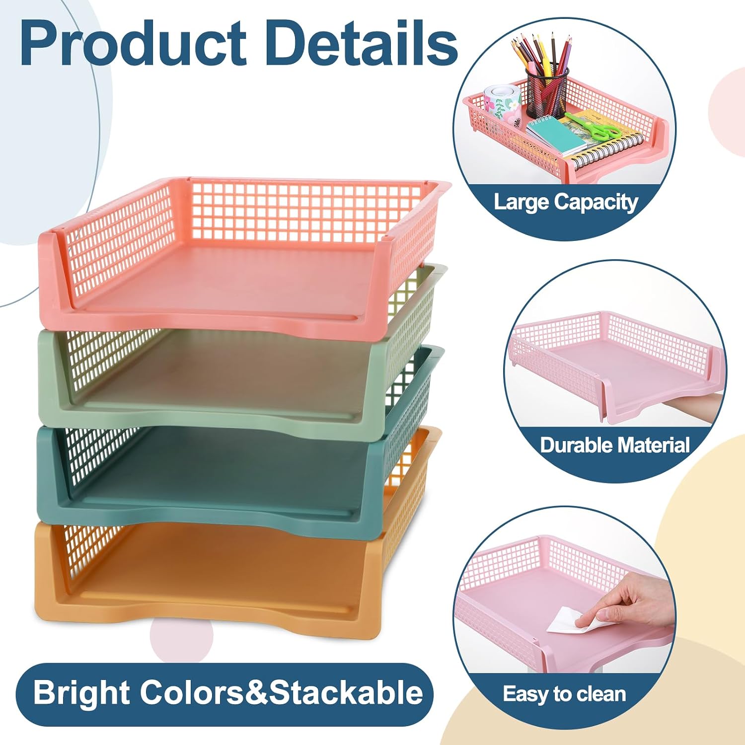 8 Pack Boho Plastic Turn in Paper Trays for Classroom Storage Bin Basket Organizers for School Teacher Supplies Classroom Office Home Organization Storage Tray Holds 4A Paper File Document
