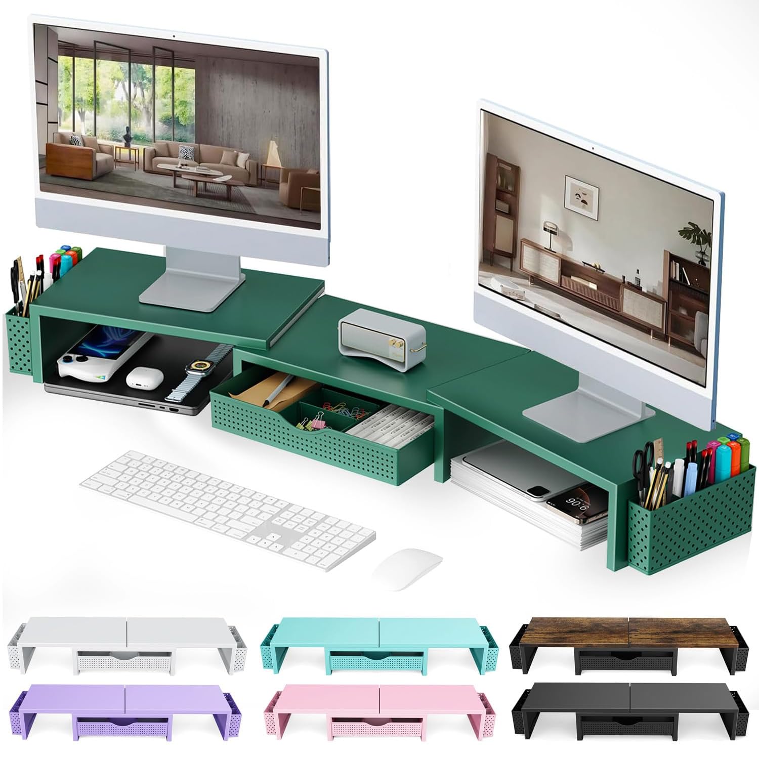 gianotter Dual Monitor Stand Riser, Desk Organizer With Drawer and 2 Pen Holders,Desk Organizers and Accessories, Pink Office Supplies (Pink)