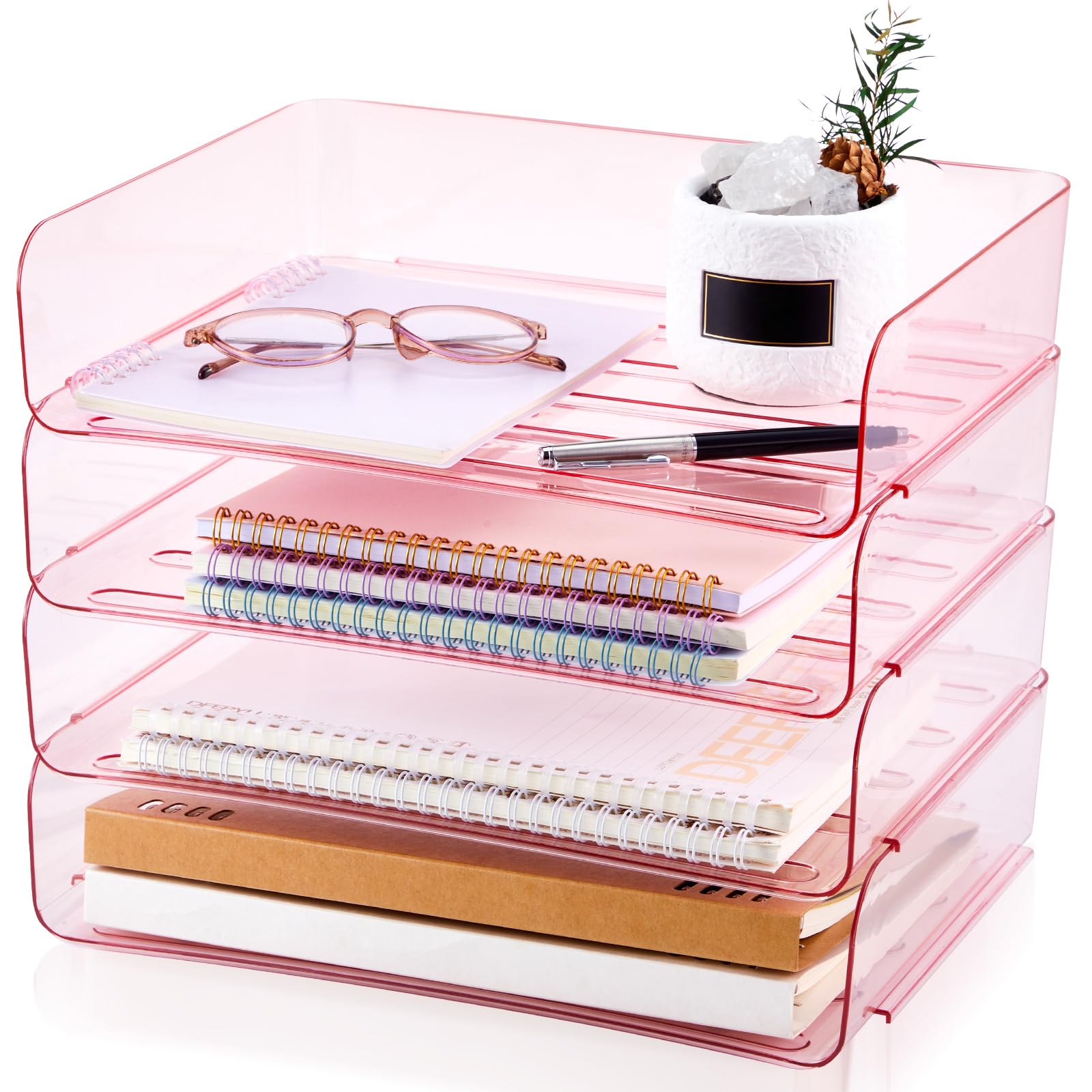 Harloon 4 Tier Paper Organizer Letter Tray Acrylic Desk File Organizer Heavy Duty Stackable Documents Clear Letter Paper Holder Sorter Office Tray for A4, Office Classroom Home File Pad Notebooks
