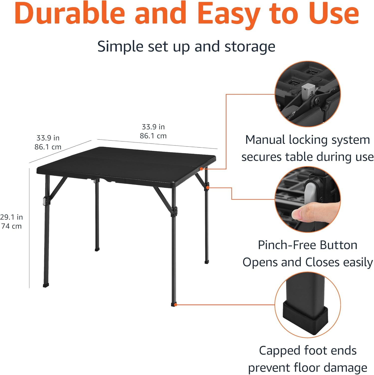 Amazon Basics 34 inch Portable Sturdy Folding Dining Table with Carrying Handle, Space Saving Storage, Square, 33.9 x 29.1 x 33.9 inch, Black | Folding