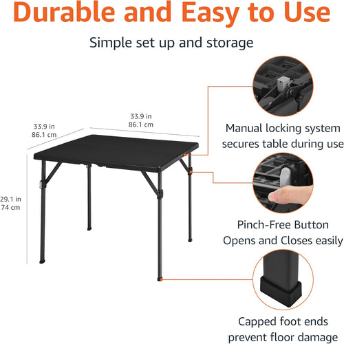 Amazon Basics 34 inch Portable Sturdy Folding Dining Table with Carrying Handle, Space Saving Storage, Square, 33.9 x 29.1 x 33.9 inch, Black | Folding