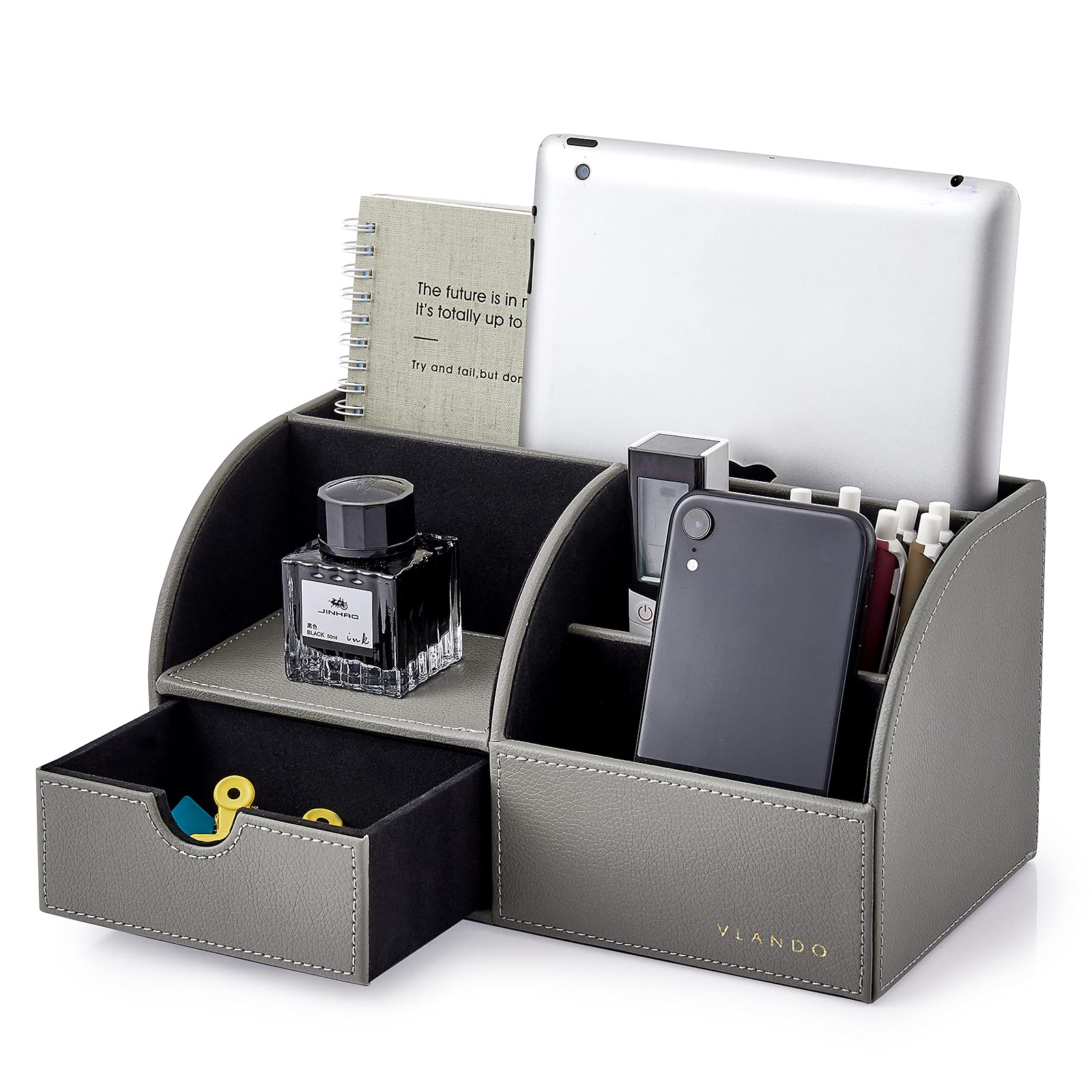 VLANDO Office Desk Organizer Leather Desktop Organizer Caddy with Drawer for Storing Desktop Supplies and Accessories (Grey Set)