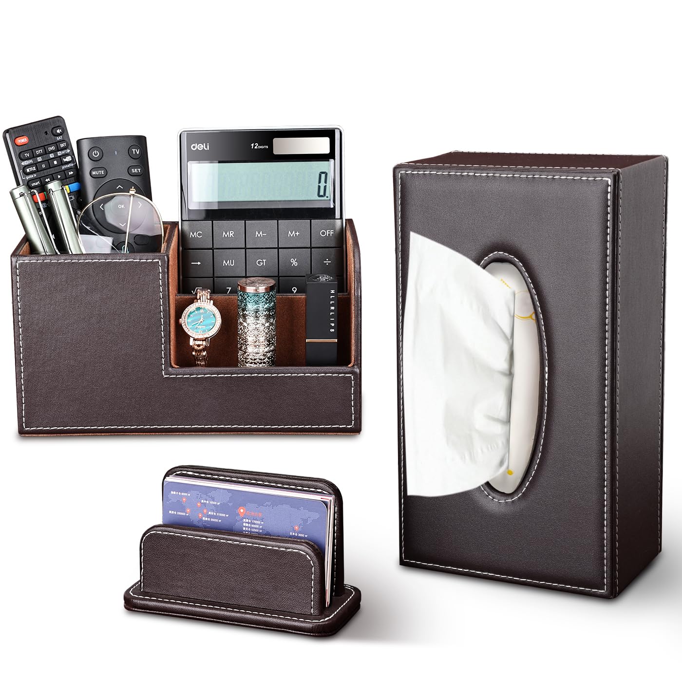 KINGFOM 5PCS Desk Organizer and Accessories Set, Pu Leather Office Supplies with Multifunction Desktop Organizer Storage Box, Tissue Holder, Mouse Pad, Note Paper Holder, Pencil Holder for Desk Black