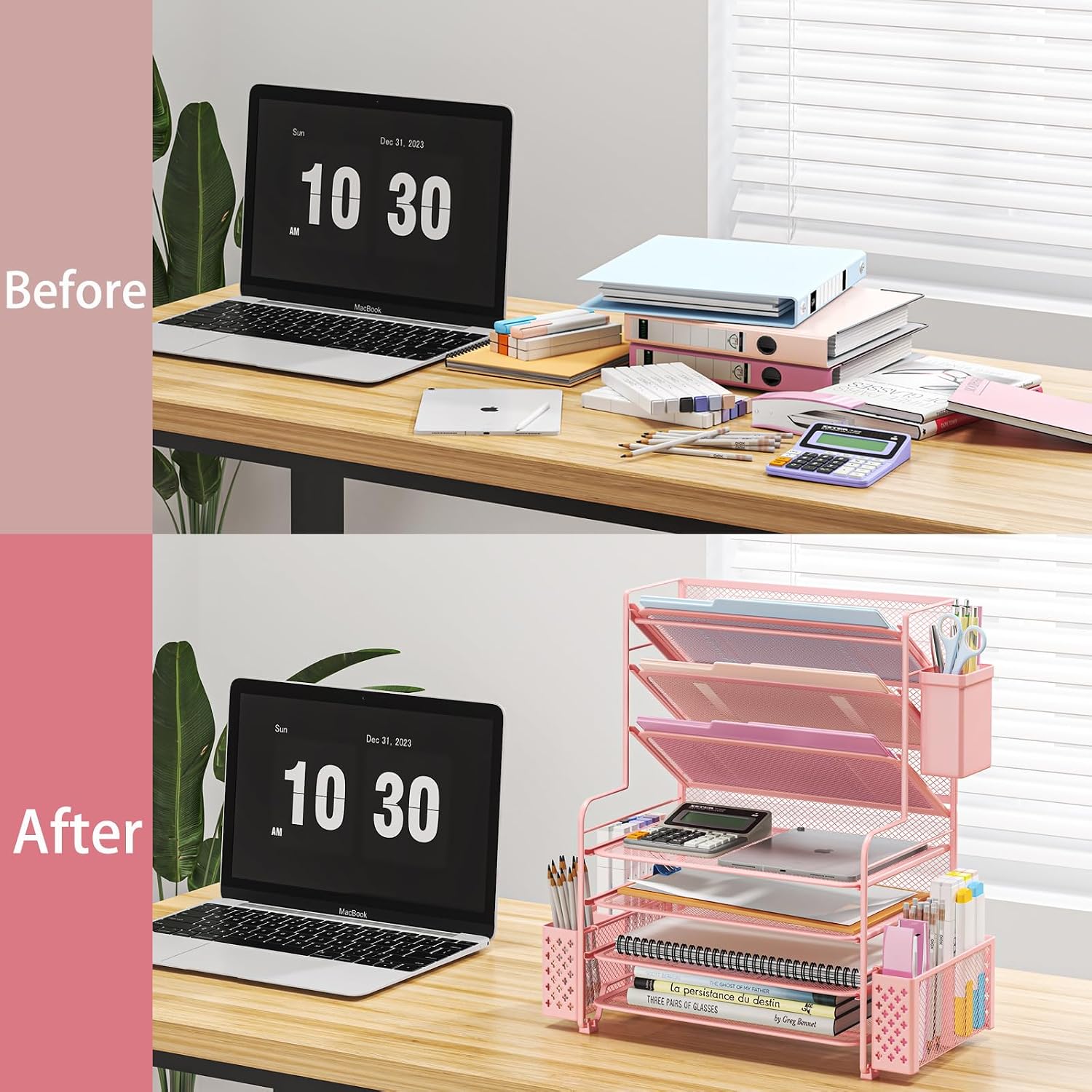 Simple Trending 7 Tier Desk File Organizer, Letter Tray Paper Organizer with Pen Holder and Metal Hanging Basket, Pink