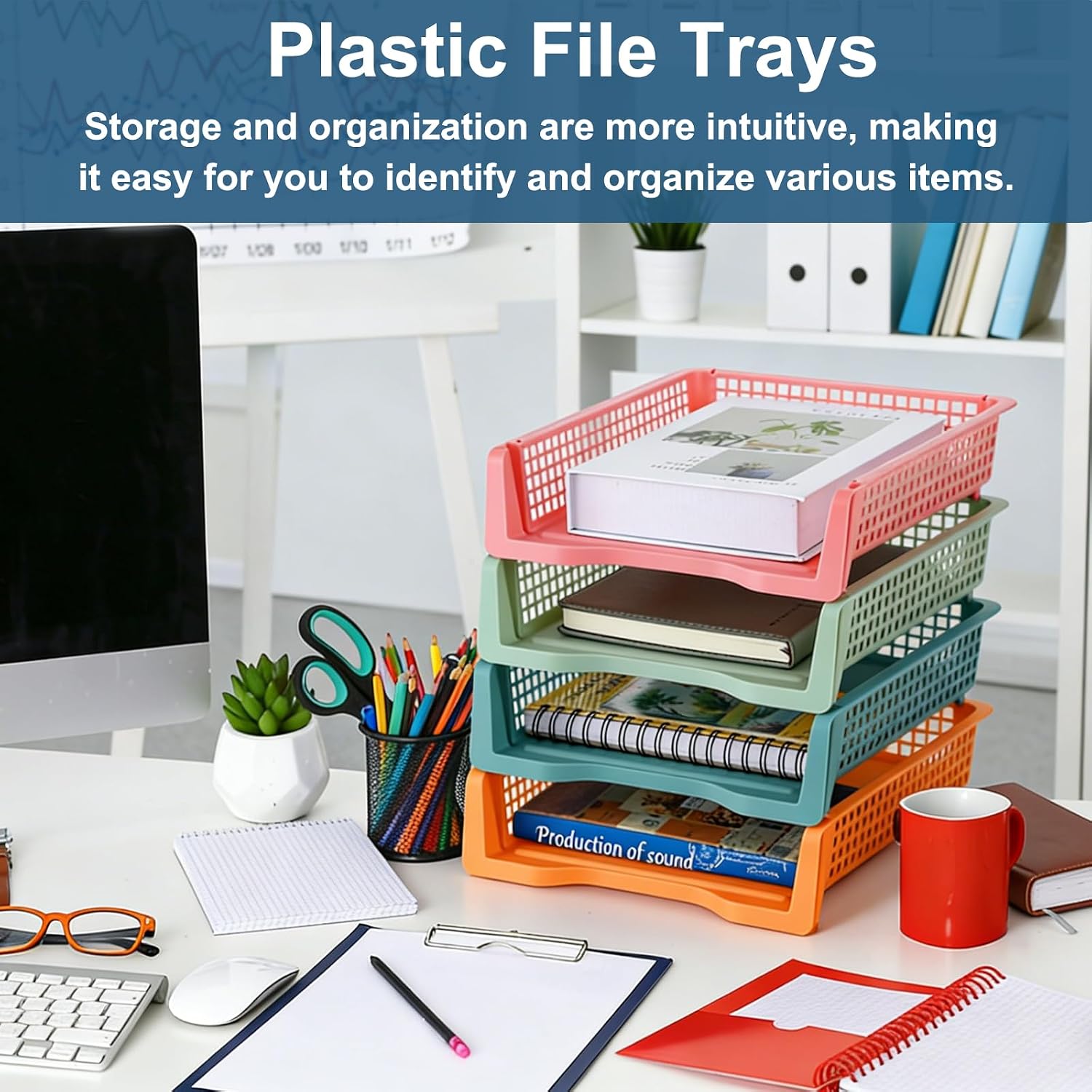 8 Pack Boho Plastic Turn in Paper Trays for Classroom Storage Bin Basket Organizers for School Teacher Supplies Classroom Office Home Organization Storage Tray Holds 4A Paper File Document