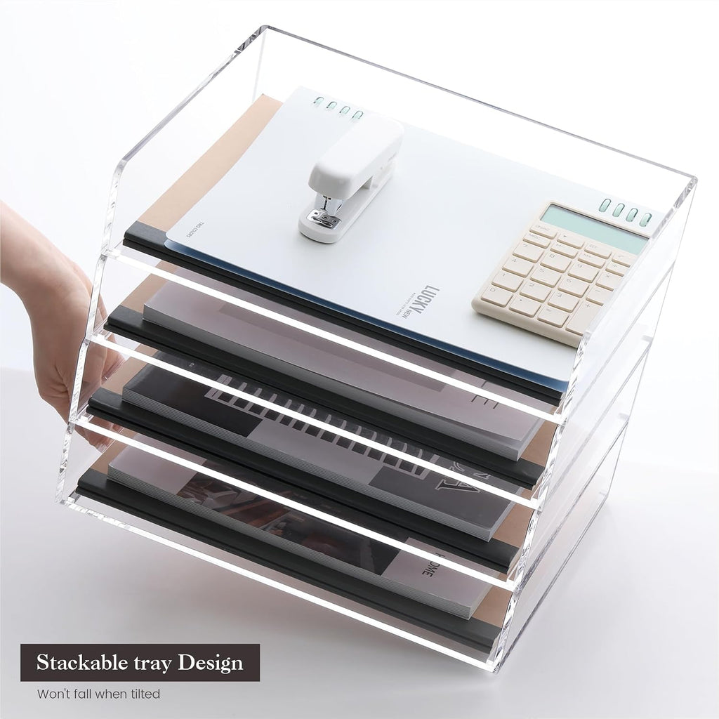 HeZone 4 Tier Paper Organizer for Desk,Acrylic Paper Tray,Clear Stackable Desk Organizer for Document, Office File,A4 Paper