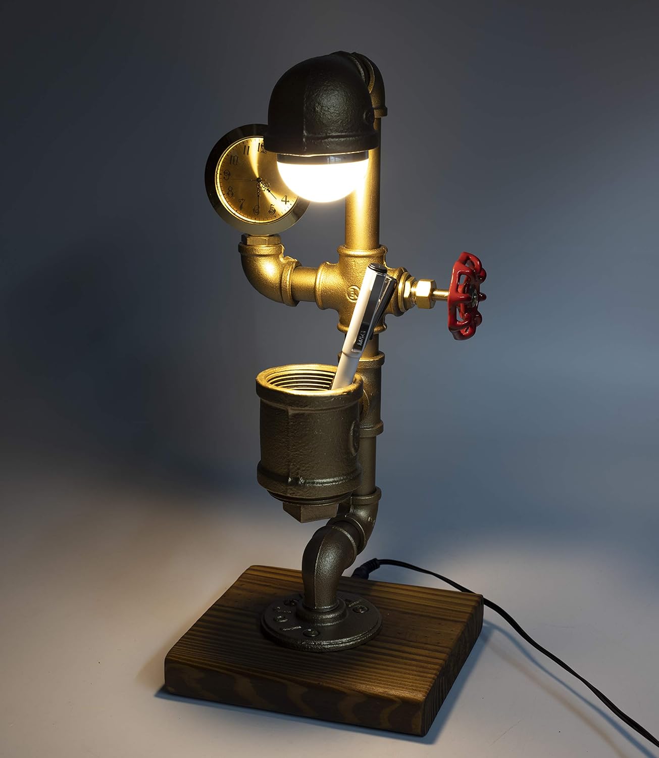 Industrial Steampunk LED Desk Lamp Kangaroo with Pen Holder Organizer, Wood Base with Iron Piping Loft Style Vintage Antique Light, Retro Desk Lamp