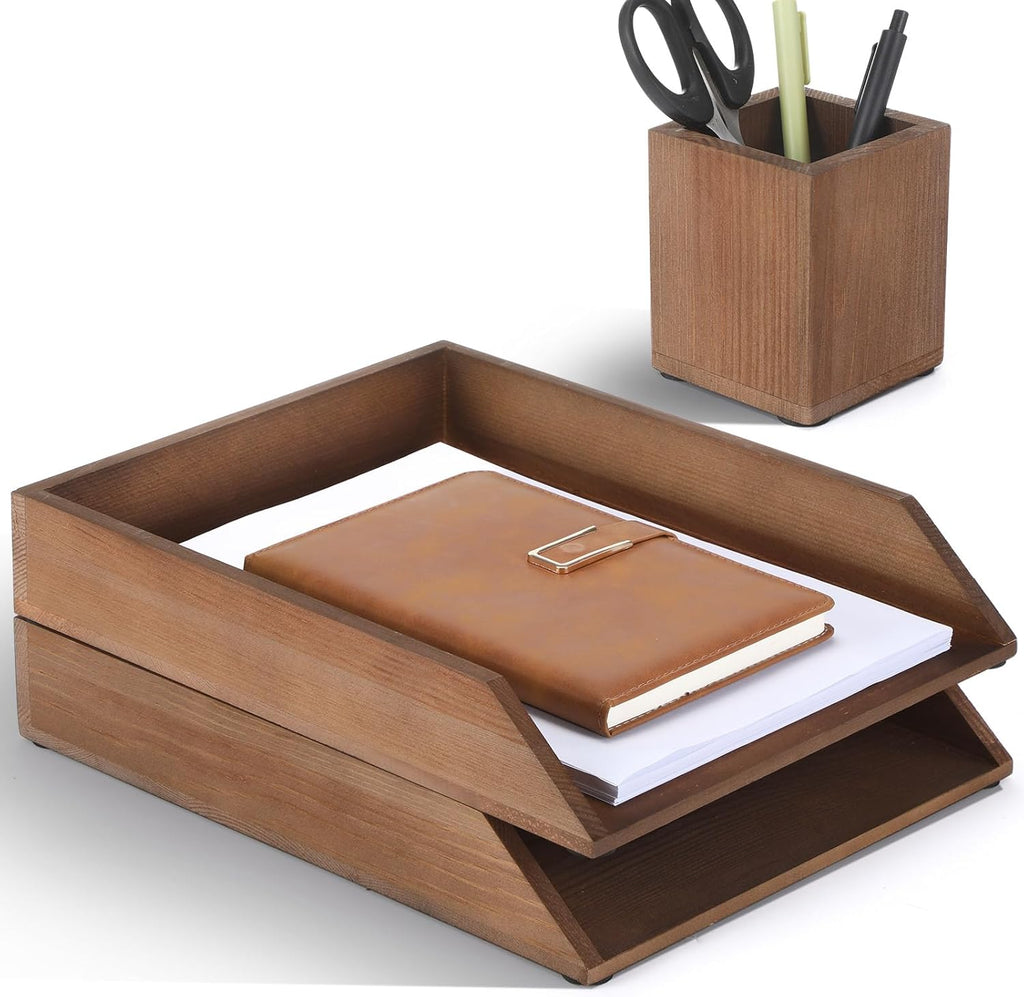 Nuanchu 2 Pcs Wooden Letter Trays with Pen Holder Wood Desk Organizer Set Heavy Duty 2 Tier Brown Stackable Supports Letter-Size Paper Tray Desktop Drawer Pen Magazine File Folder Office Accessories