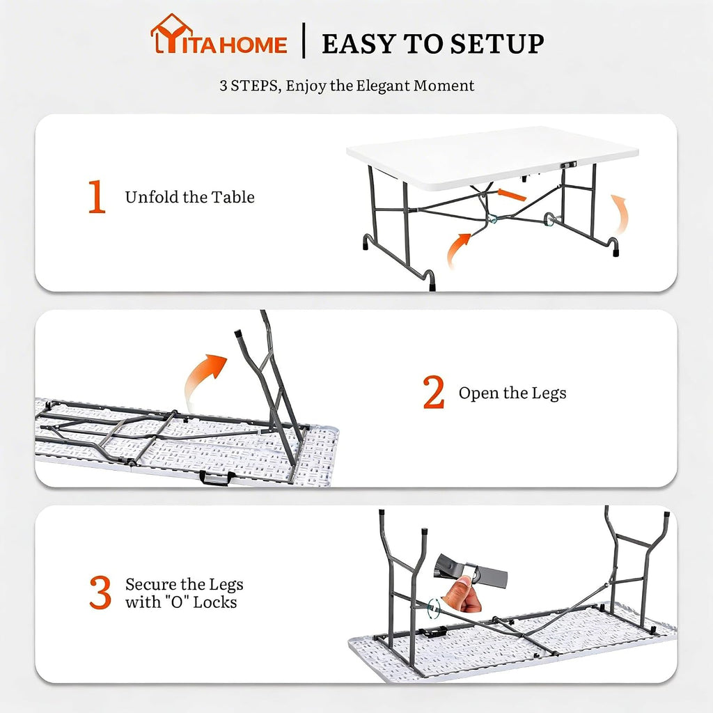 DWVO 6FT Folding Table, Heavy Duty Folding Tables with Carrying Handle, HDPE Fold up Table for Outdoor Camping Picnic Parties, Indoor Events (White)