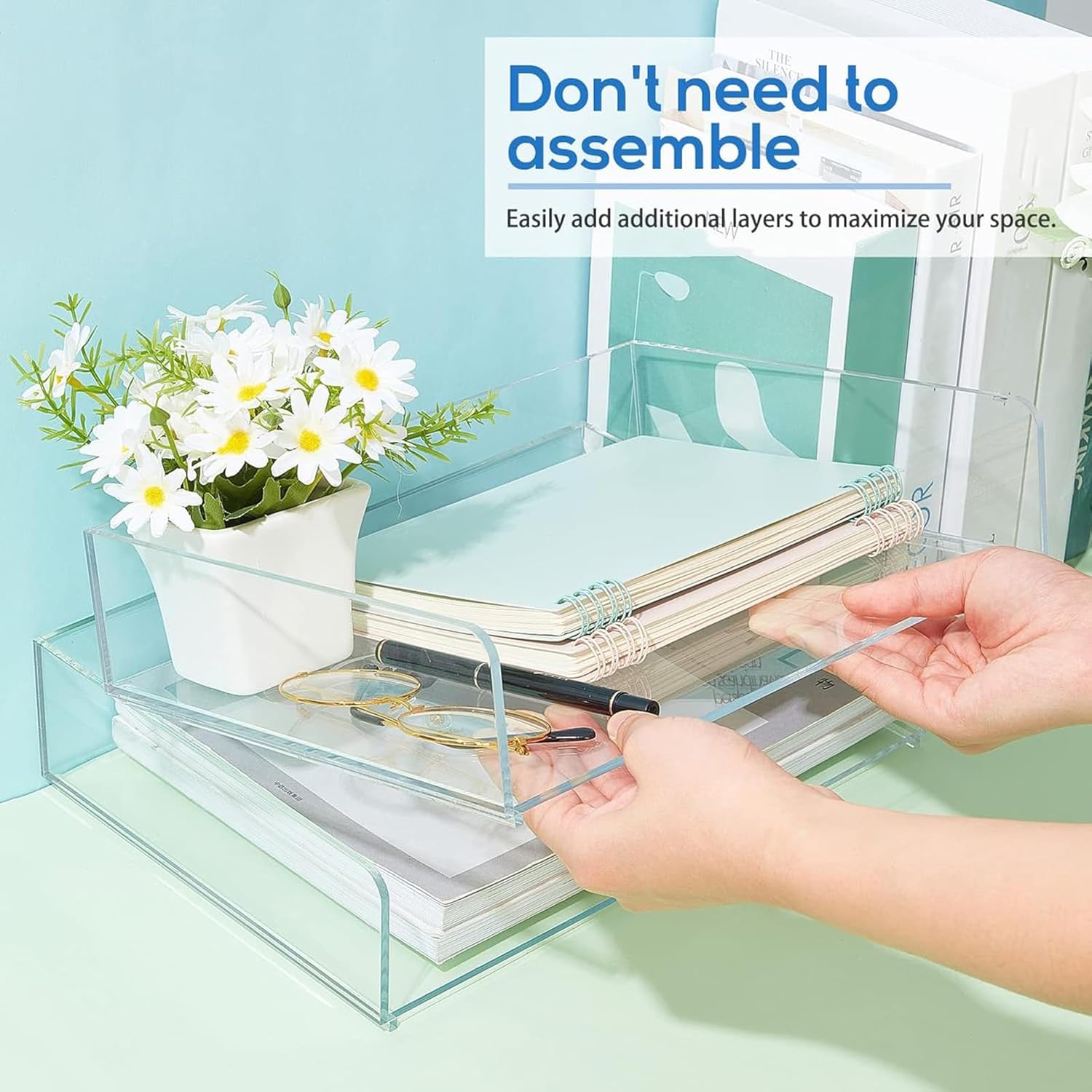 Harloon 4 Tier Paper Organizer Letter Tray Acrylic Desk File Organizer Heavy Duty Stackable Documents Clear Letter Paper Holder Sorter Office Tray for A4, Office Classroom Home File Pad Notebooks