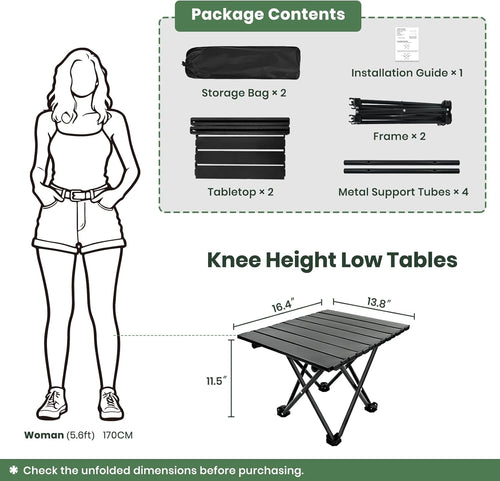 2 Pack Portable Camping Table Foldable, Ultralight Small Folding Beach Table with Carry Bag for Outdoor Travel, Beach, Camp, Picnic, BBQ, Cooking, Festival, Boat, Home Use (Black-S)