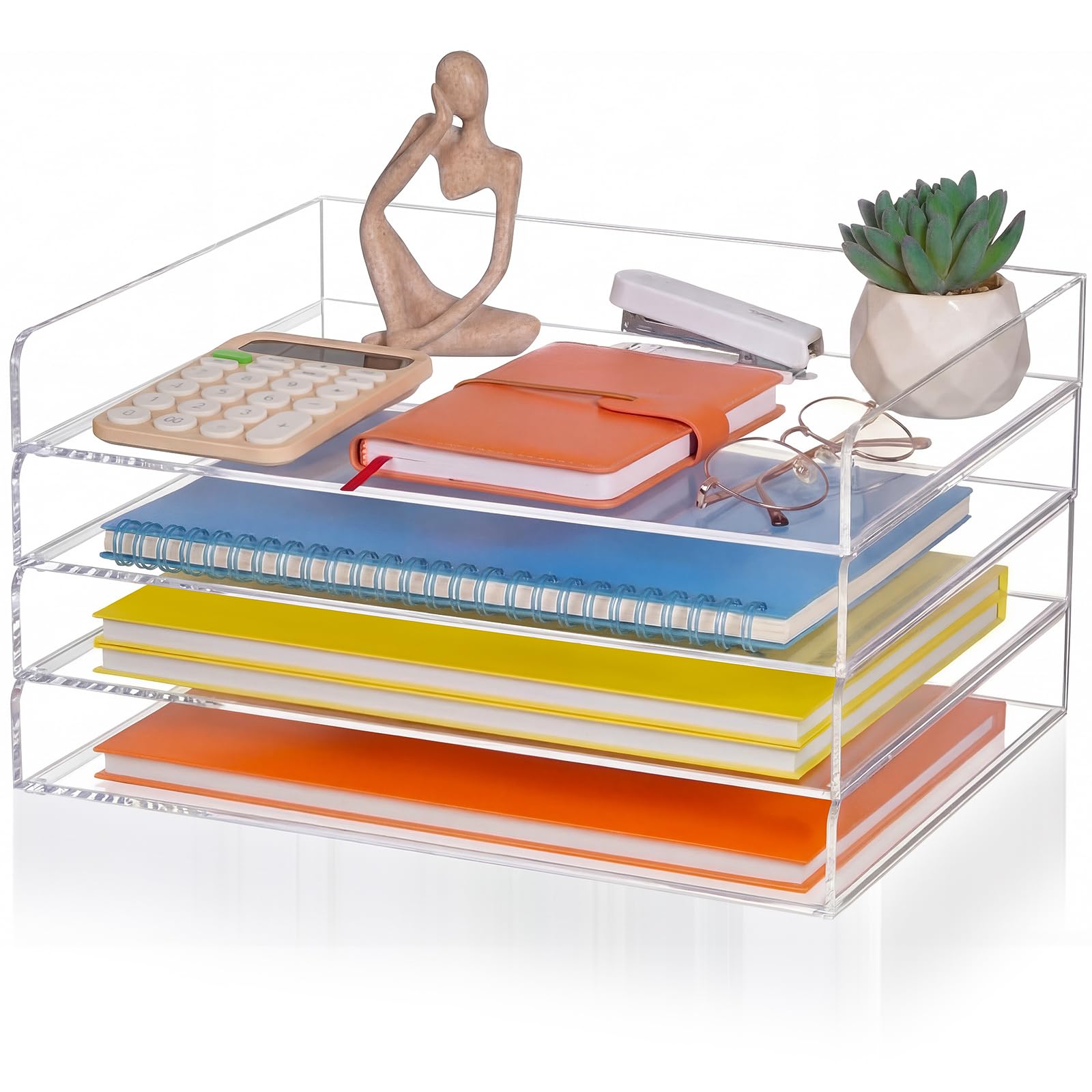 Harloon 4 Tier Paper Organizer Letter Tray Acrylic Desk File Organizer Heavy Duty Stackable Documents Clear Letter Paper Holder Sorter Office Tray for A4, Office Classroom Home File Pad Notebooks