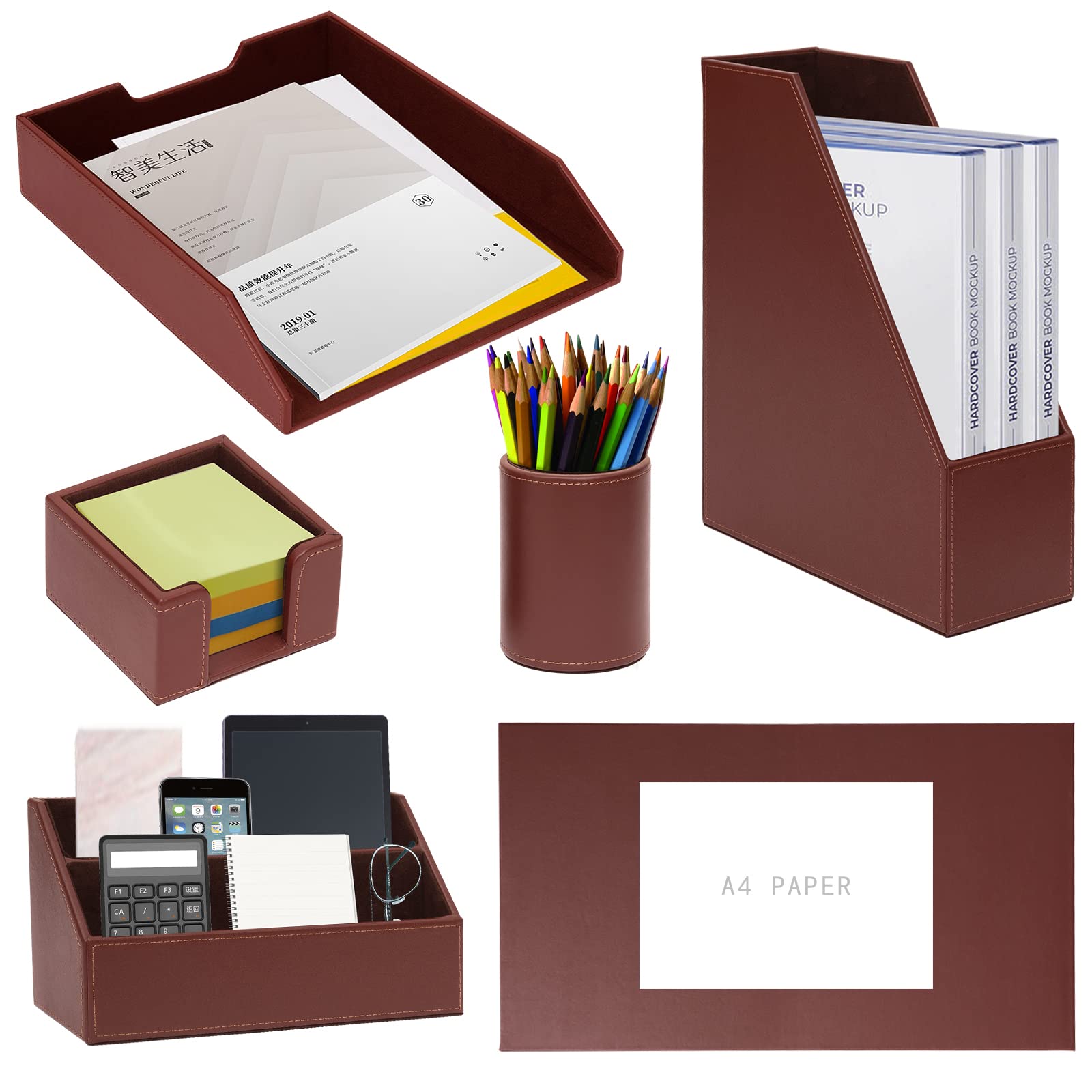Office Supplies PU Leather 6-Piece Set Desk Organizer,Include Writing Pad,Letter Tray,file folder Sorter/Magazine Holder,Pen Cup,Note Holder,Business Card Holder,Man/Woman Office Gift,Black