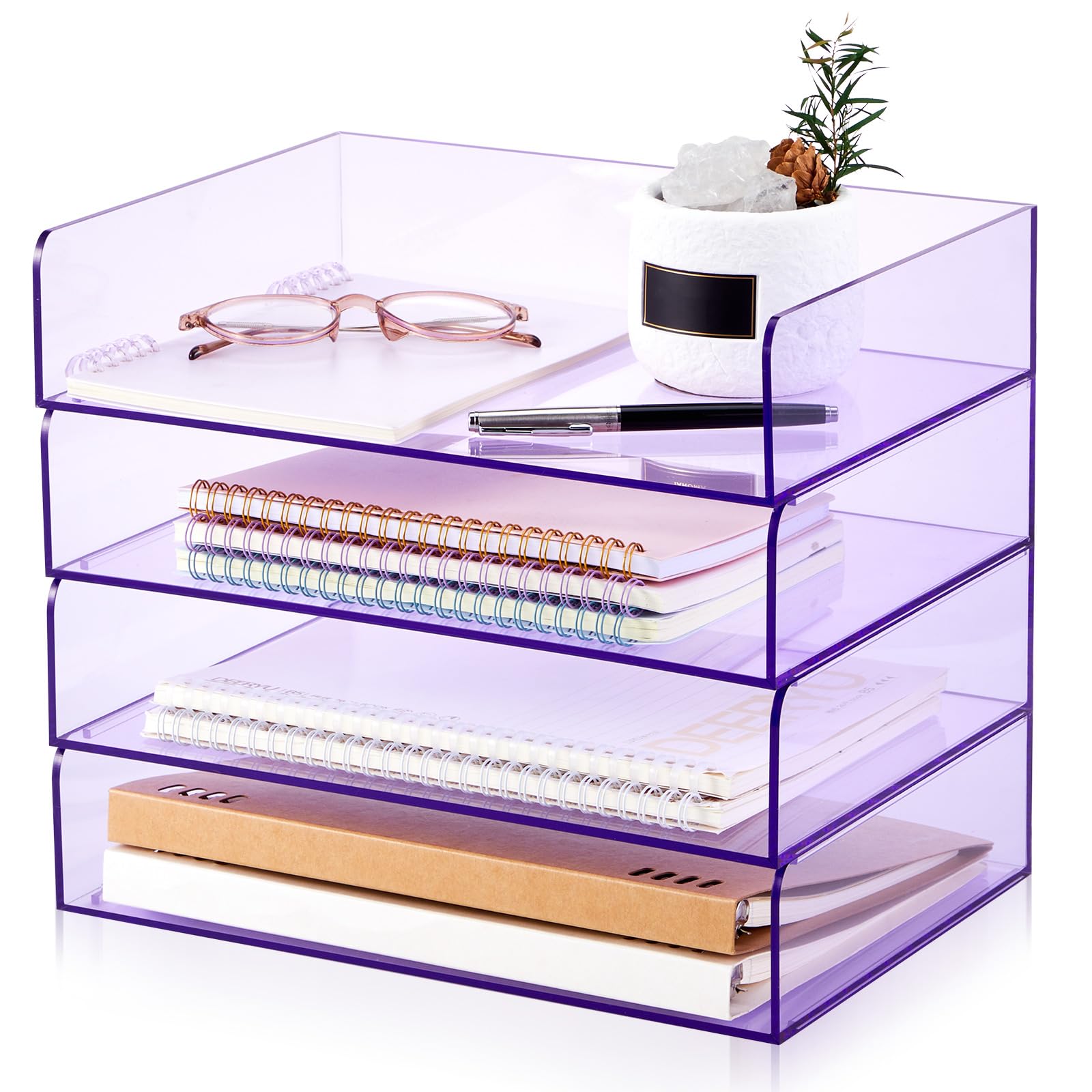 Harloon 4 Tier Paper Organizer Letter Tray Acrylic Desk File Organizer Heavy Duty Stackable Documents Clear Letter Paper Holder Sorter Office Tray for A4, Office Classroom Home File Pad Notebooks
