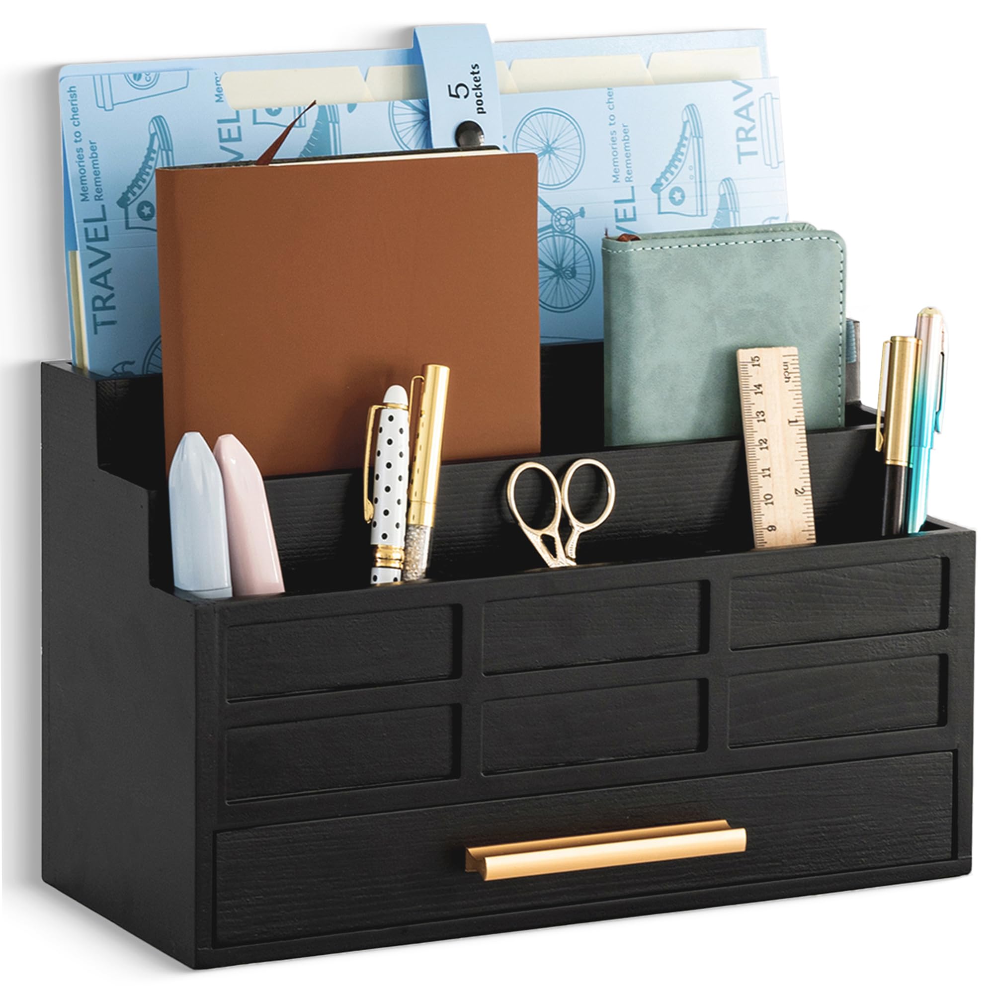 dreampossible Brown Wood Desk Organizer and Accessories with Drawer, Bill Mail Organizer and File Mail Holder for Office Supplies, Desk Accessories & Workspace Organizers