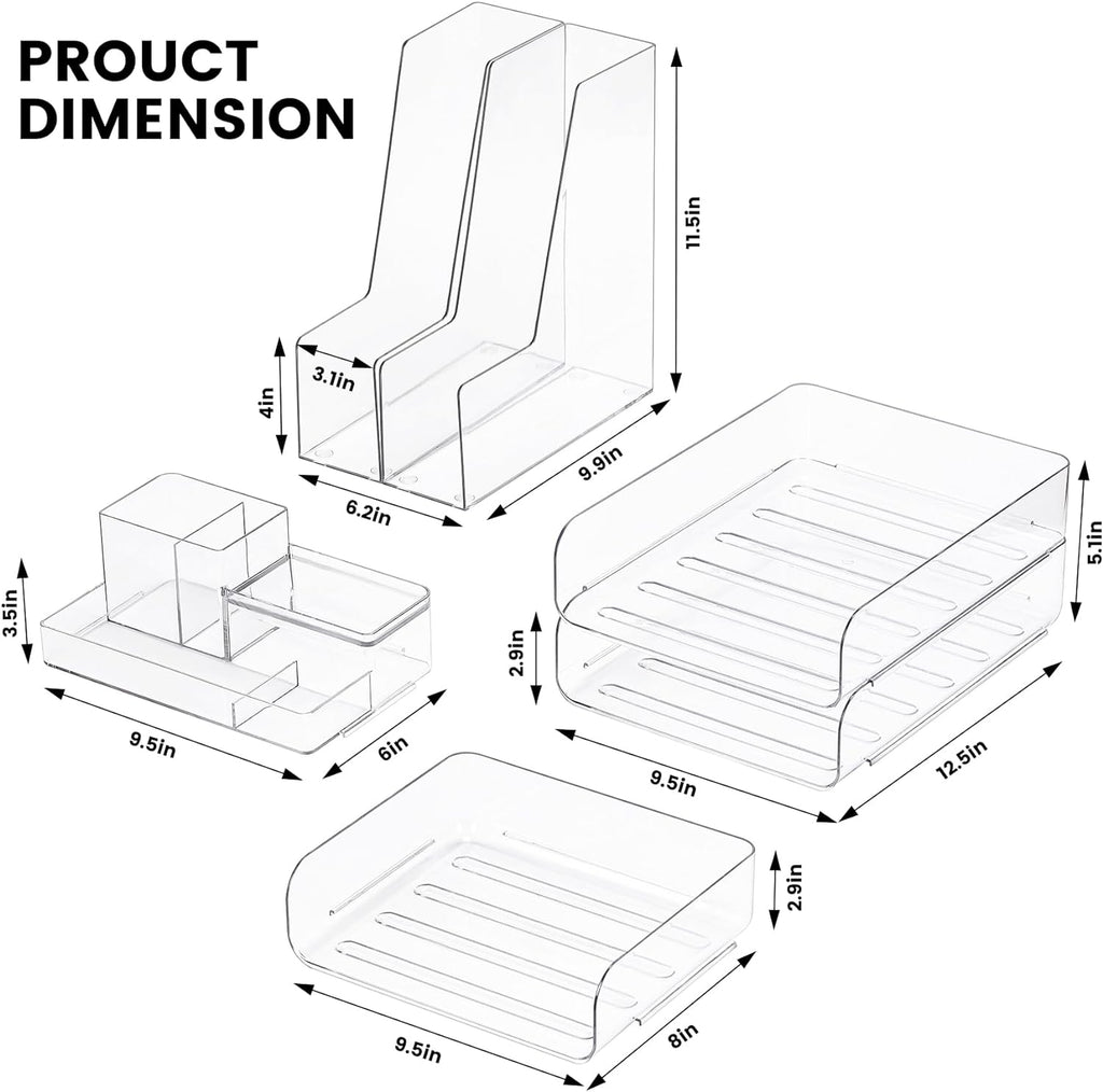 CiWiVOKi Desk Organizer with 2 Vertical File Holder, 4 Tier Stackable Paper Letter Tray File Organizer with 5-Compartments Pen Holder, Clear Desktop Organizer Office Organization and Storage