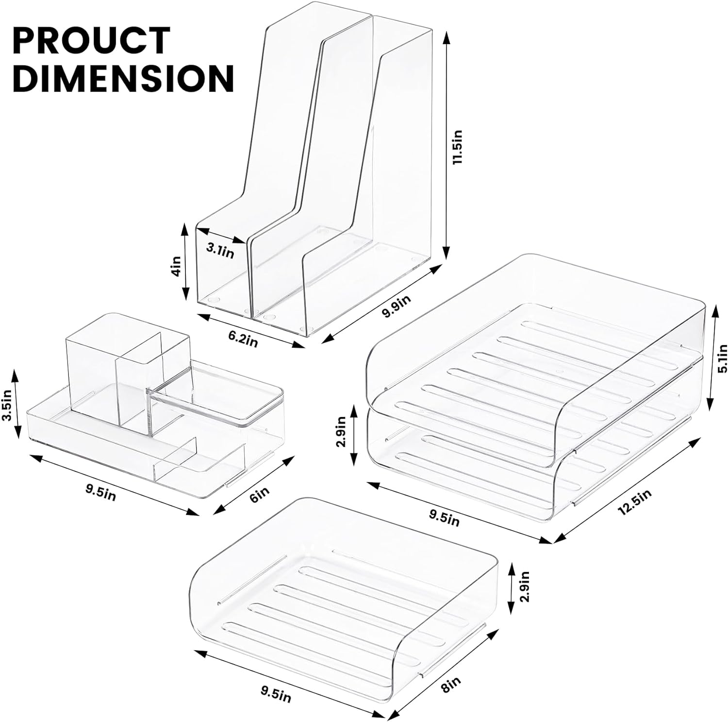 CiWiVOKi Desk Organizer with 2 Vertical File Holder, 4 Tier Stackable Paper Letter Tray File Organizer with 5-Compartments Pen Holder, Clear Desktop Organizer Office Organization and Storage
