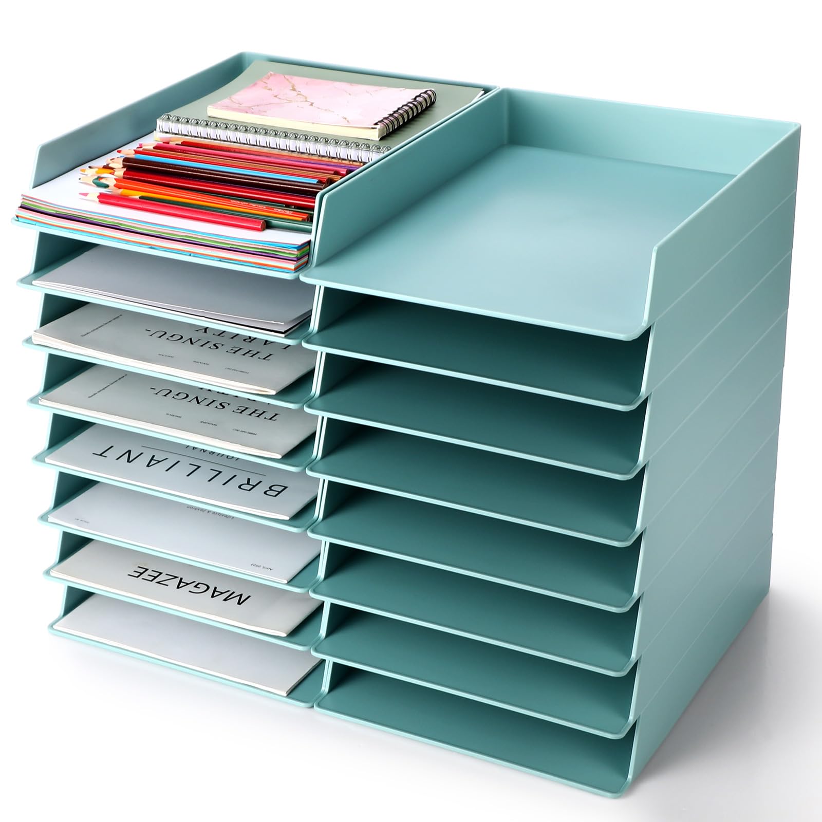 Tatuo 8 Pack Stackable Paper Trays Plastic Letter Tray Desk Organizer Paper Holder Organizer Storage Office Desk Accessories for Classroom Magazine File Documents 12.8 x 9.45 x 1.97, Blue Green