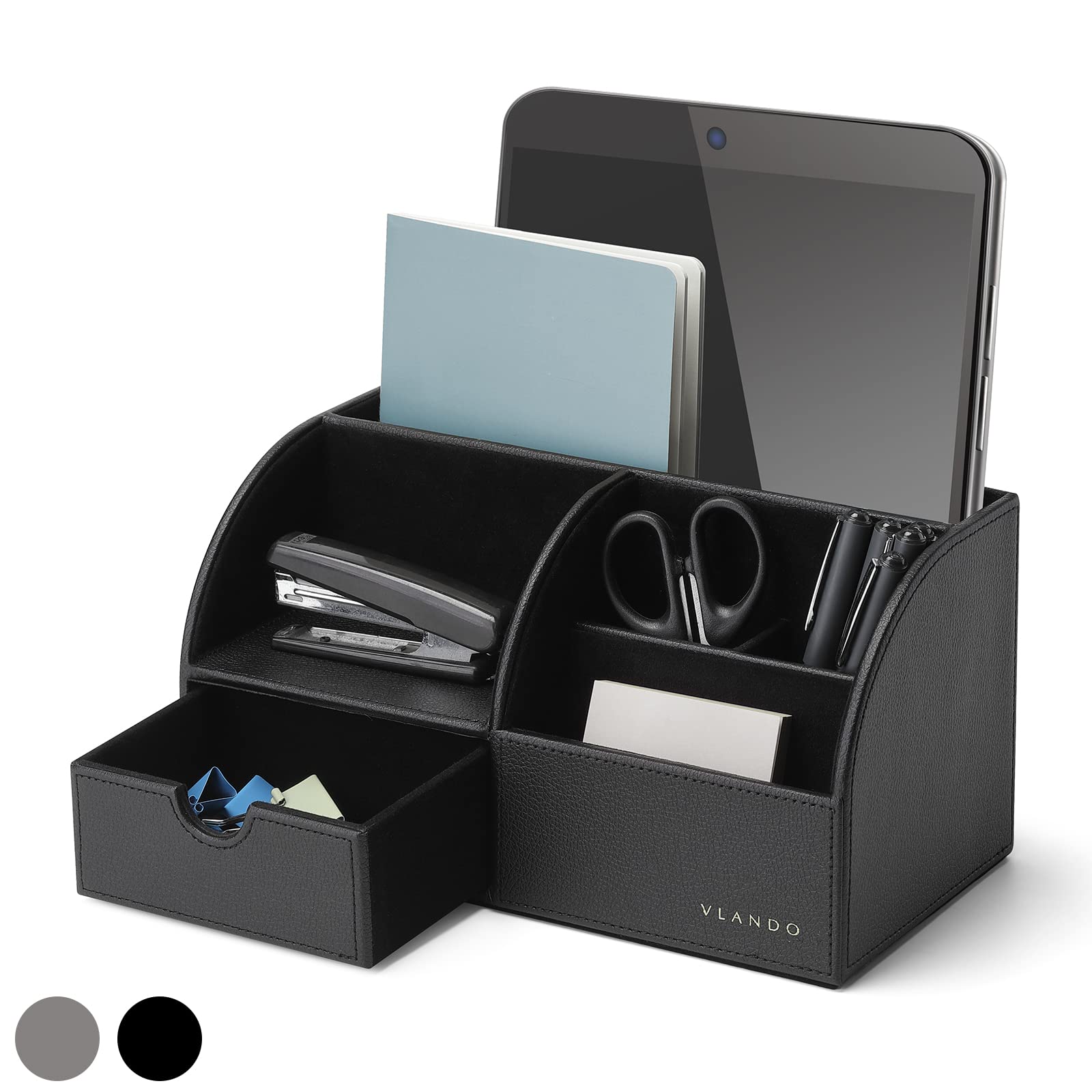 VLANDO Office Desk Organizer Leather Desktop Organizer Caddy with Drawer for Storing Desktop Supplies and Accessories (Grey Set)