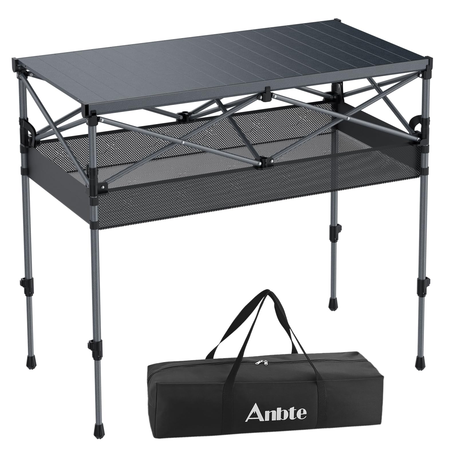 Anbte 3ft Aluminum Roll Top Camping Table, 2 Adjustable Height Camping Table Folding with Storage Net & Bag Lightweight Roll Up Table for Tailgate Outdoor Backyard BBQ Patio Picnic, 32.2” X 16”, Black