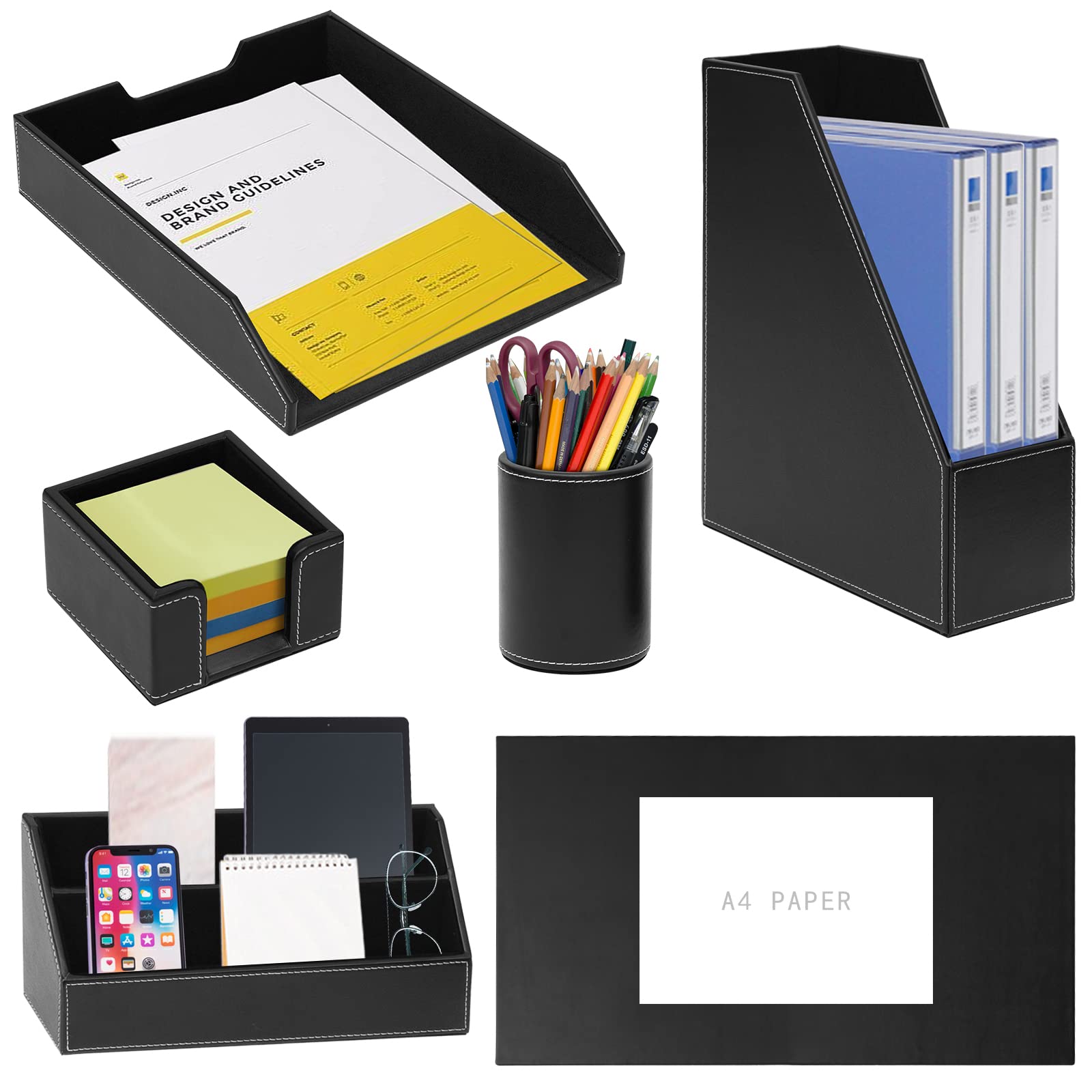 6 Piece Office Supplies/Desk Organizer Set with Desktop Leather Writing Pad,File Paper Tray,Magazine folder Holder, Pen Cup,Sticky Note Holder,Letter Mail Sorter,Workspace Decor for Women Men Brown