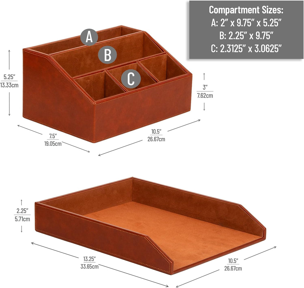 Mind Reader PU Leather Desk Organizer and Letter Tray Set, Stackable Paper Tray, Pen Cup and Card Holder, Brown