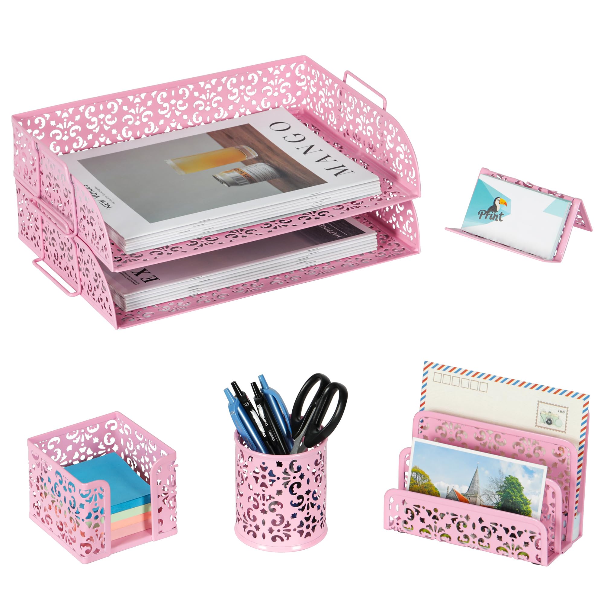 EasyPAG Desk Organizers and Accessories 5 Pieces Office Supplies Set - 2 Tier Paper Tray, Pencil Organizer for Desk, Mail Sorter Countertop, Business Card Holder and Sticky Note Holder, Black