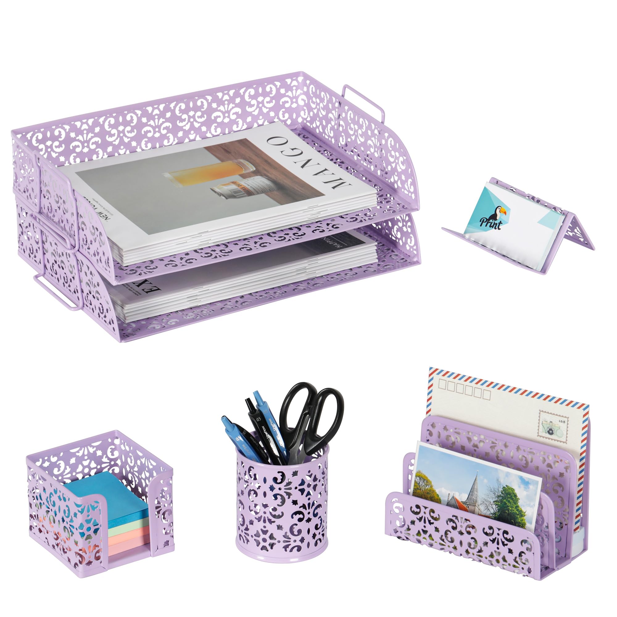 EasyPAG Desk Organizers and Accessories 5 Pieces Office Supplies Set - 2 Tier Paper Tray, Pencil Organizer for Desk, Mail Sorter Countertop, Business Card Holder and Sticky Note Holder, Black