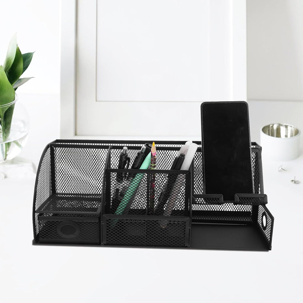 Hemoton Metal Pen Holder Desktop Organizer with 7 Compartments, Large Black Iron Tabletop Storage Box for Office Stationery and Makeup, Desk Organizer for Workspace and School Supplies