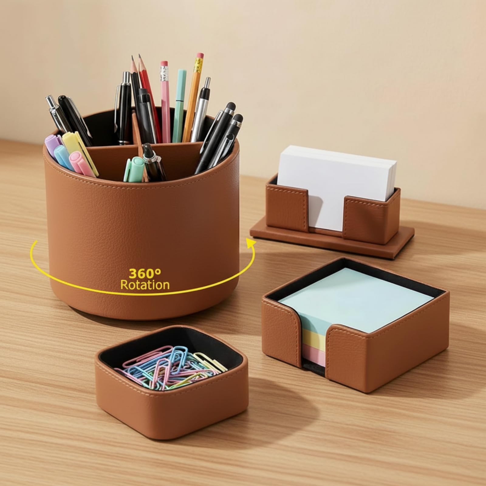 4 Pack Brown Rotating Leather Desk Organizer Set, Multi-Slot Storage for Pens Cards Notes, School Office Gift