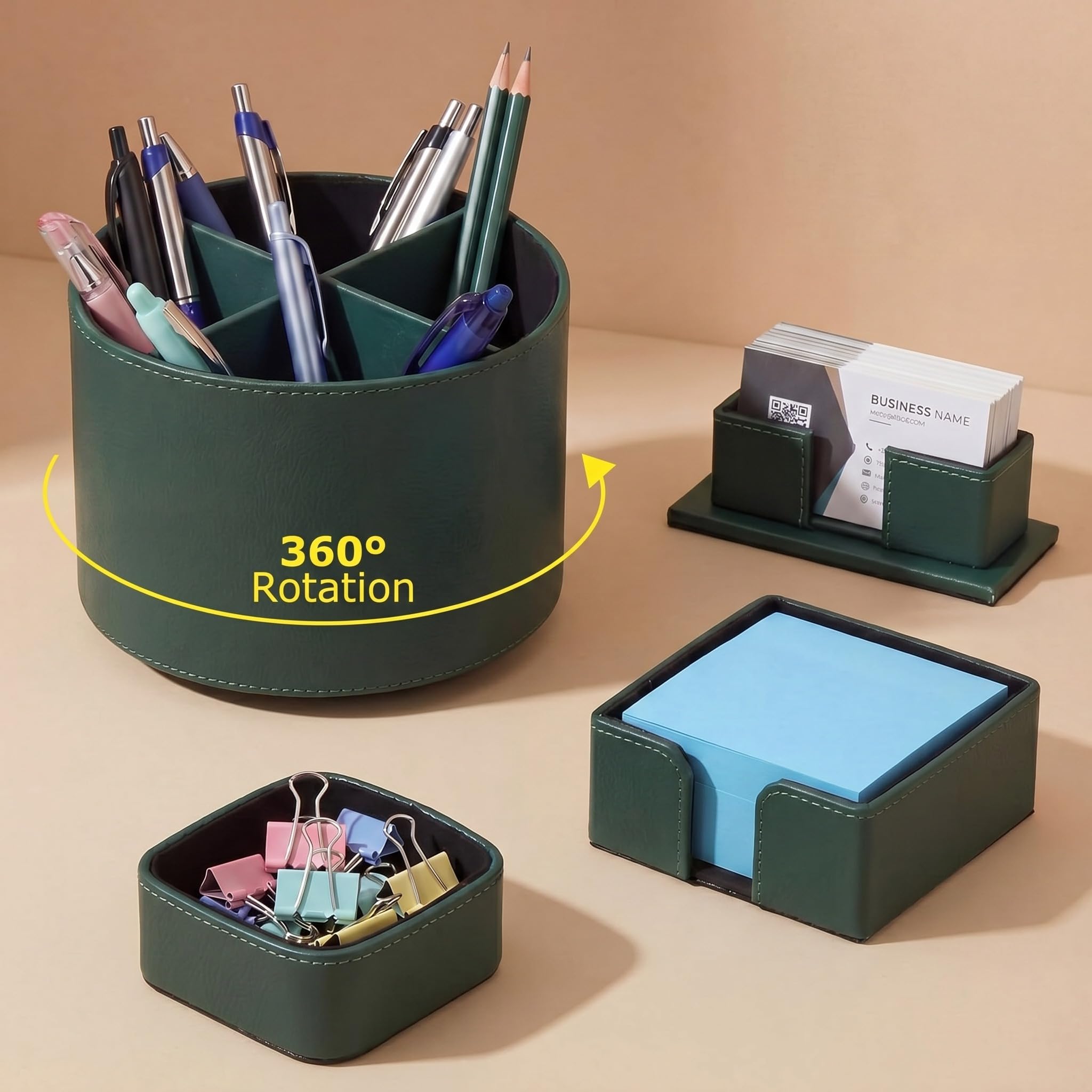 4 Pack Brown Rotating Leather Desk Organizer Set, Multi-Slot Storage for Pens Cards Notes, School Office Gift
