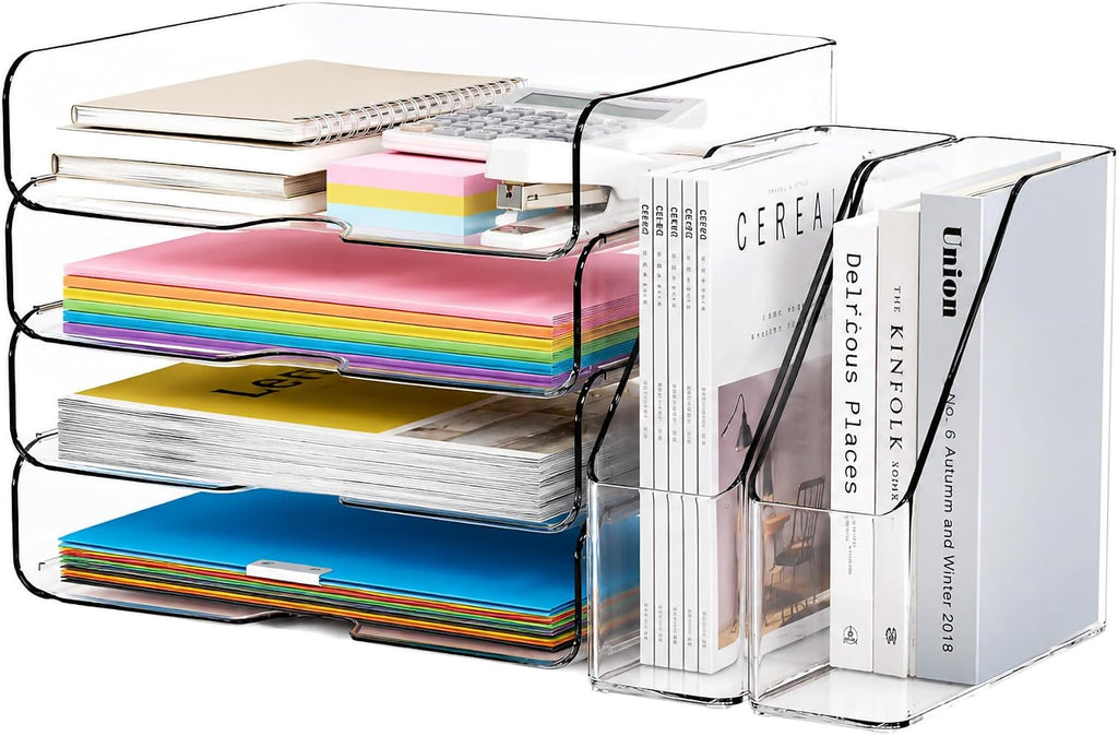DCA Clear Acrylic Desk Organizer Set, 4 Tier Letter Tray with 2 Magazine File Holders, Clear Paper Organizer for Office, Home, School, Desktop File Storage for Documents, Books & Supplies