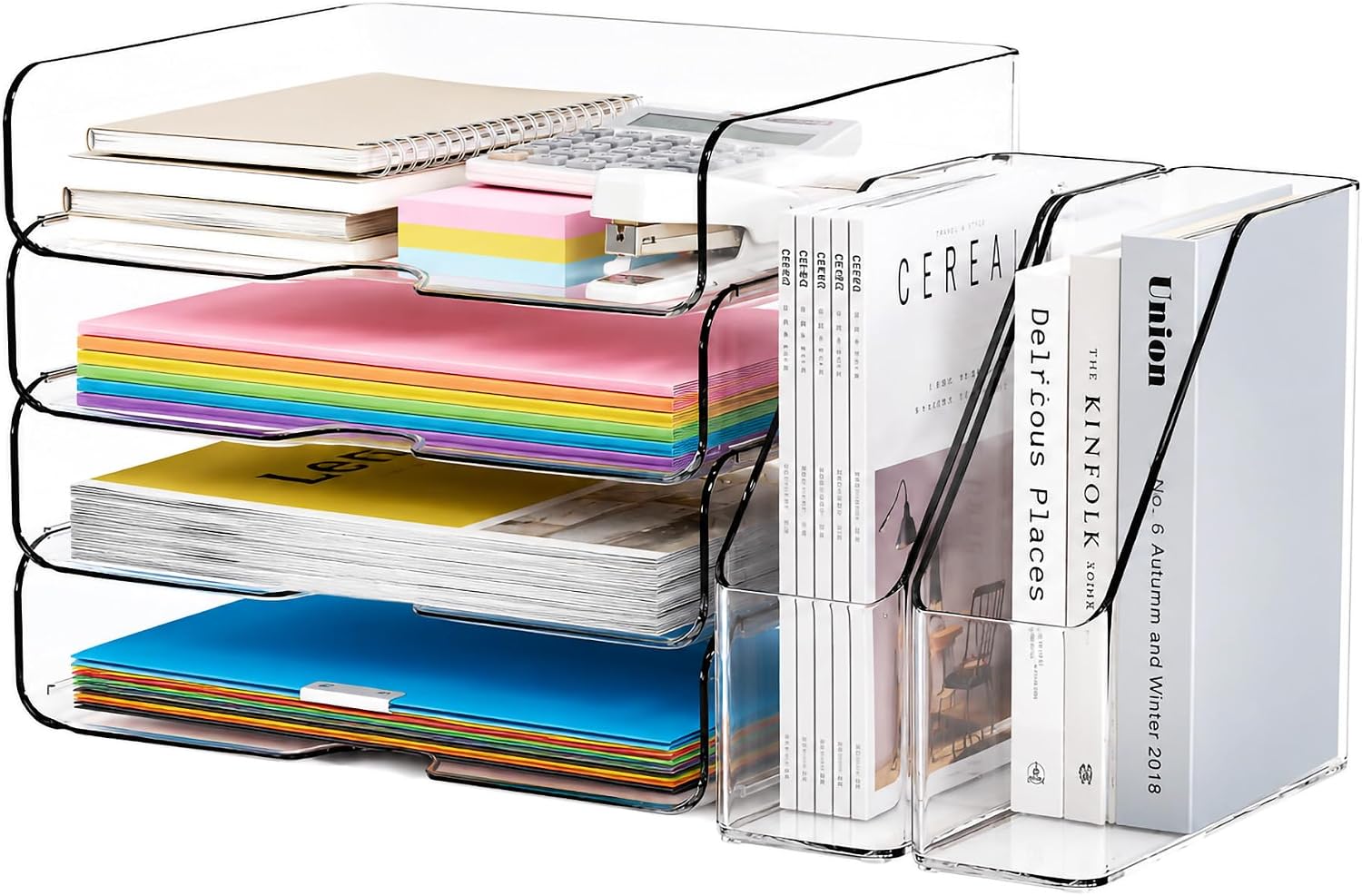 DCA Clear Acrylic Desk Organizer Set, 4 Tier Letter Tray with 2 Magazine File Holders, Clear Paper Organizer for Office, Home, School, Desktop File Storage for Documents, Books & Supplies