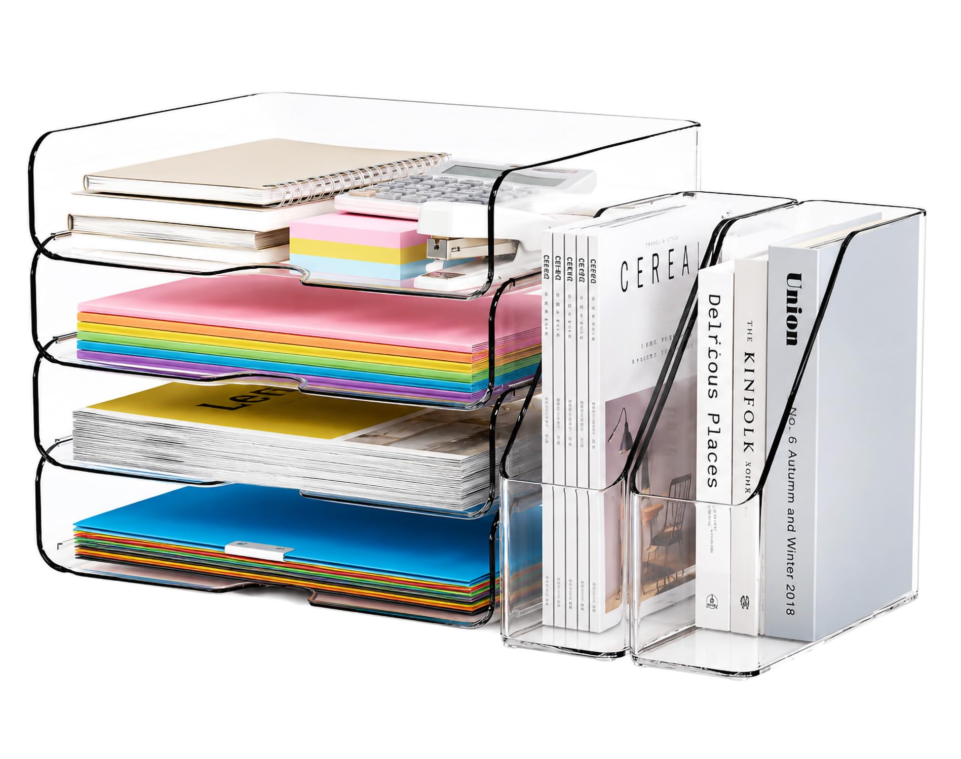 DCA Clear Acrylic Desk Organizer Set, 4 Tier Letter Tray with 2 Magazine File Holders, Clear Paper Organizer for Office, Home, School, Desktop File Storage for Documents, Books & Supplies