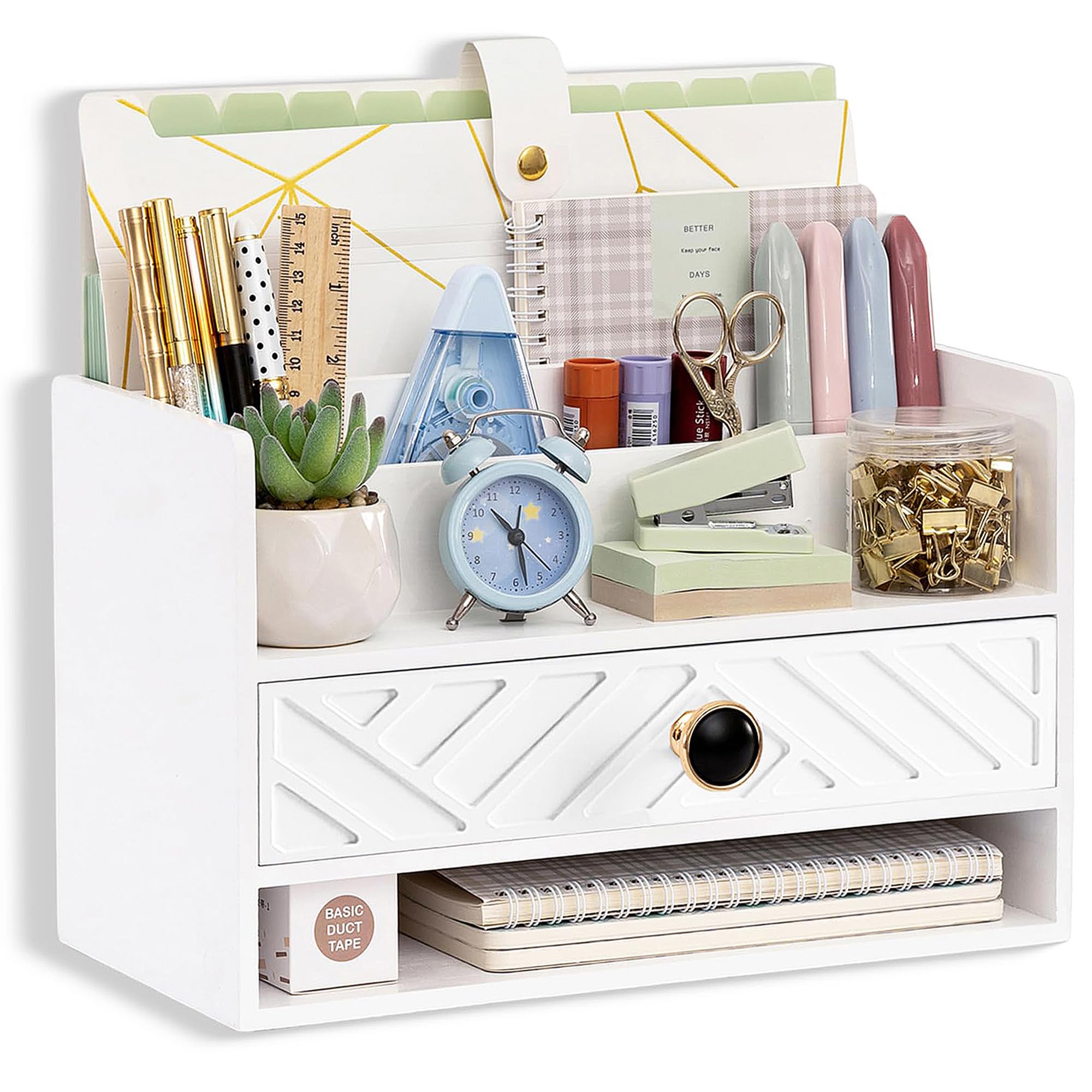 dreampossible Brown Wood Desk Organizer and Accessories with Drawer, Bill Mail Organizer and File Mail Holder for Office Supplies, Desk Accessories & Workspace Organizers