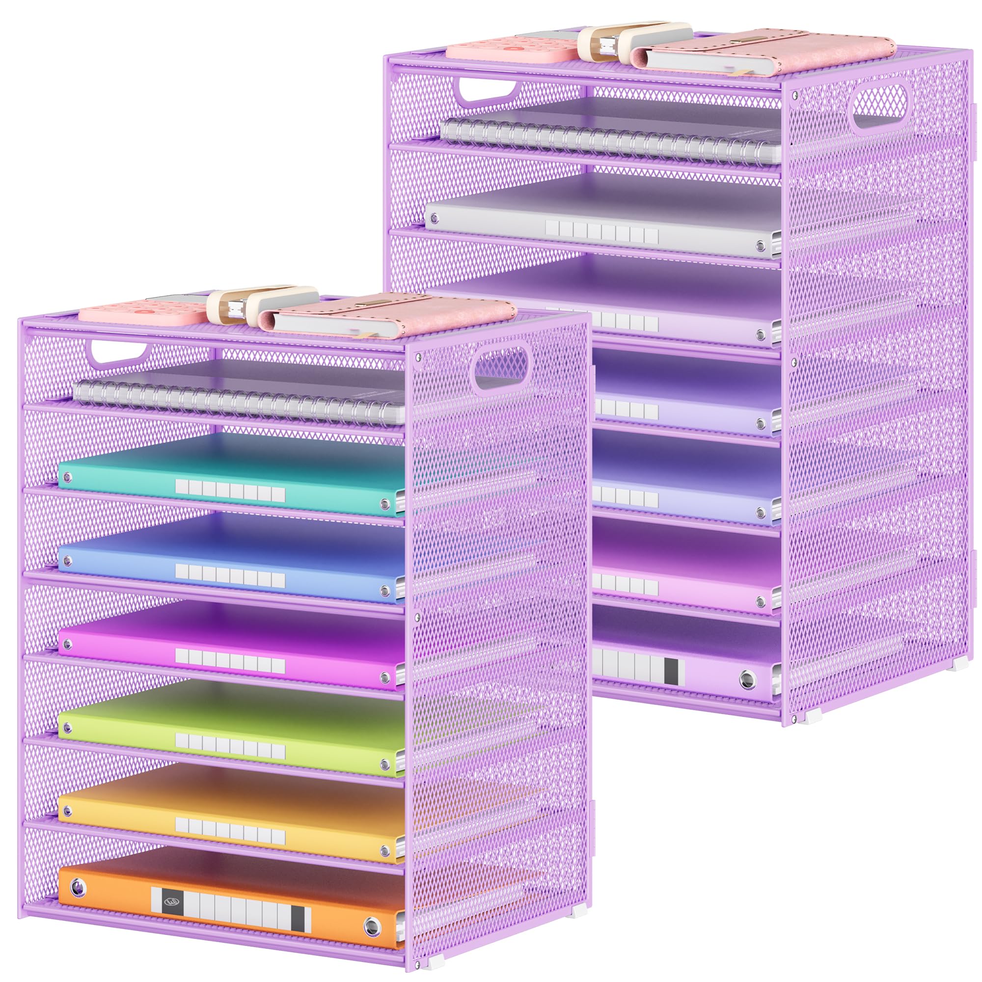 Lavatino 2 Pack 8-Tier Office Desk File Organizer, Letter Tray Paper Organizer with Handle, Including 5 Adjustable Slide Trays for Organizing Desk Workspace Accessories and Supplies (Pink Mesh)